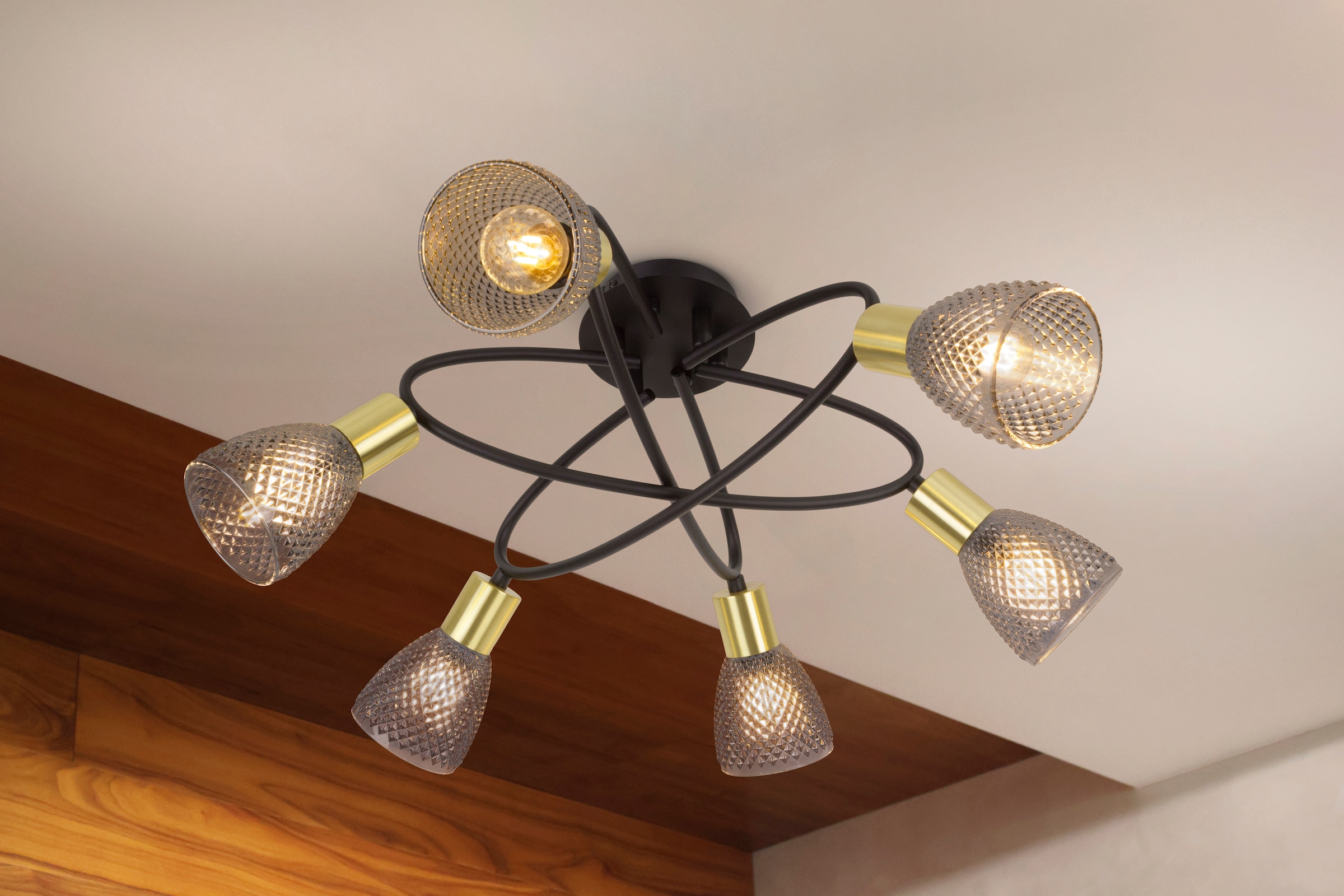 näve Deckenleuchte »Lindita« E14 1 Stk. 6er Spot, Relief-Glasschirm smokey, Gestell messing matt, 6x E14 exkl.