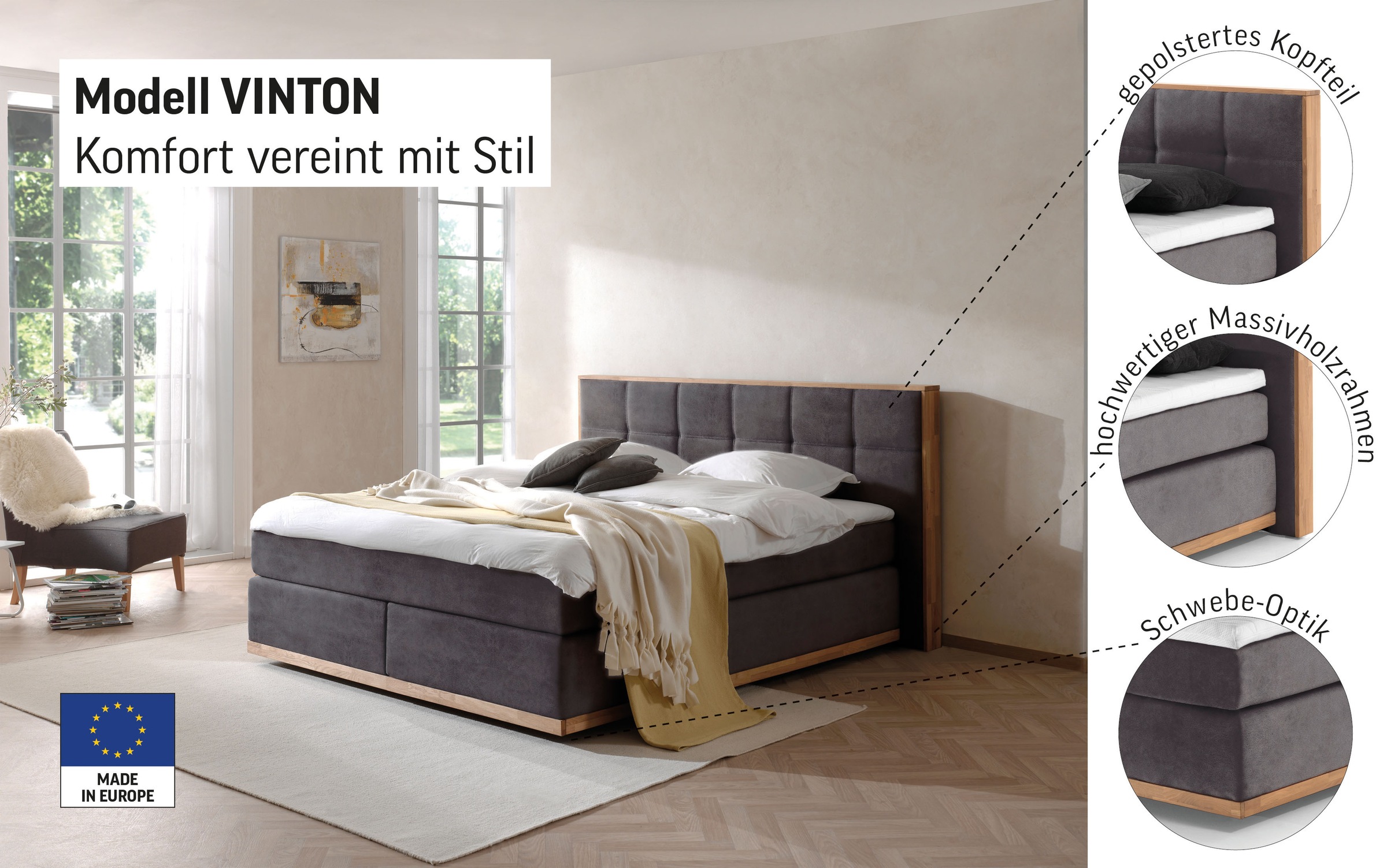 Thumbnail - PLACES OF STYLE Boxspringbett "Vinton" aus massiver Eiche, verschiedene Härtegrade (auch H4)