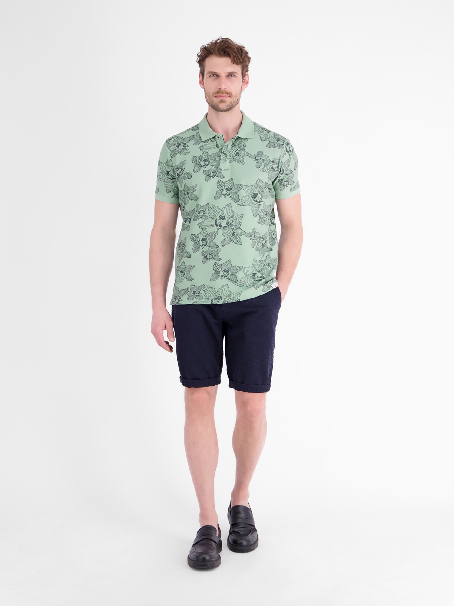 LERROS Poloshirt »Poloshirt mit floralem Allover-Print und Flachstrickkragen«