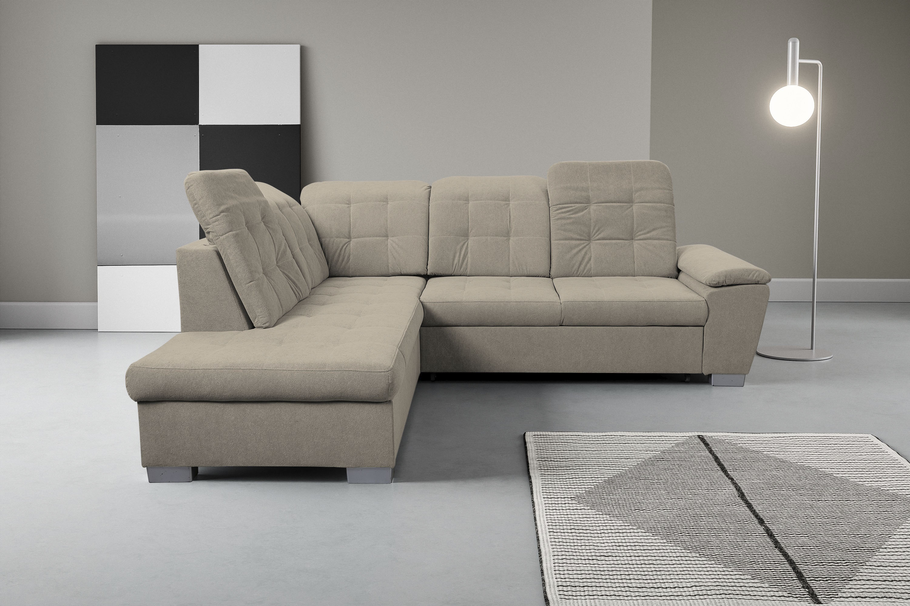 WERK2 Ecksofa "Bonny 265 x 215 cm inkl. Kopfteilverstellung modern und bequem" Webstoff, L-Form, Schlaffunktion, Bettkasten