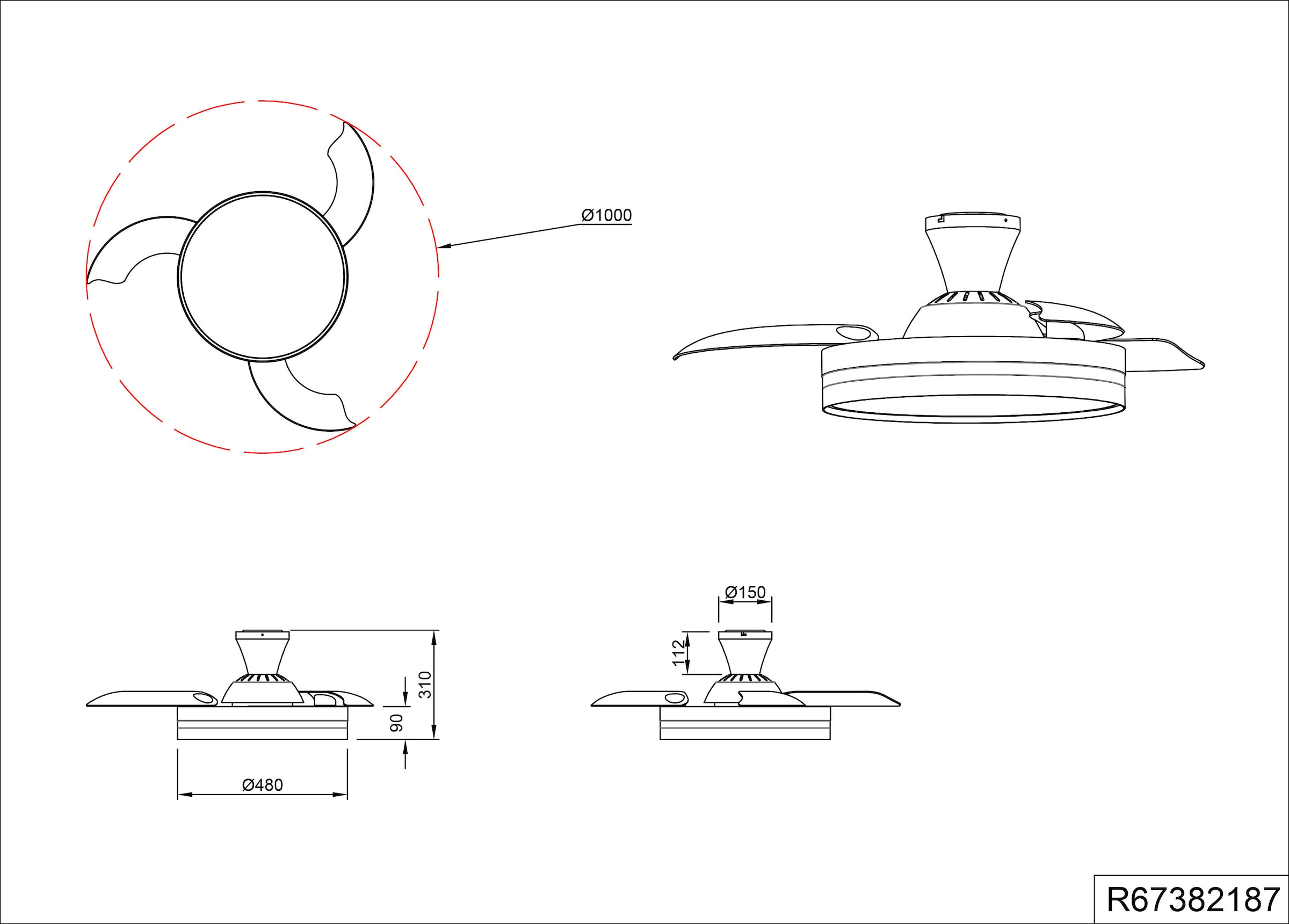 REALITY Leuchten LED Deckenleuchte »LINDBERG Deckenventilator mit Beleuchtung, Rotor einklappbar, 6 Stufen«, 1 flammig, Leuchtmittel LED-Board | LED fest integriert, LED Ventilator mit Fernbedienung dimmbar Memory Nachtlicht Starlight