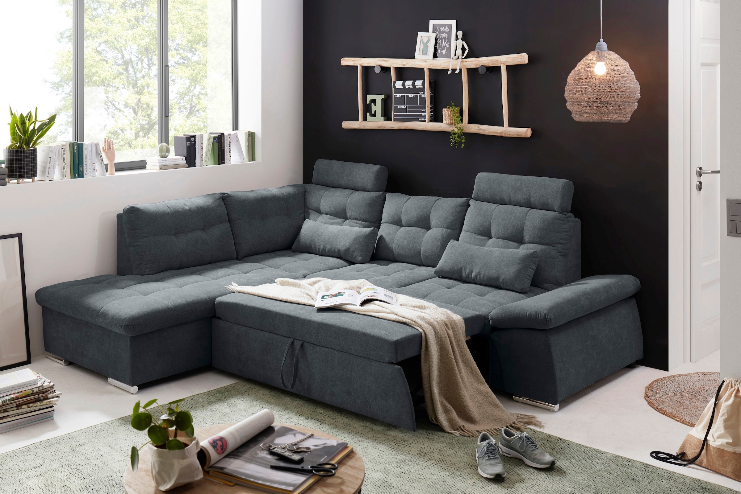 ED EXCITING DESIGN Ecksofa »Nalo L-Form«, mit Bettfunktion, Armteilverstellung, Kopfstützen & 2 Nierenkissen