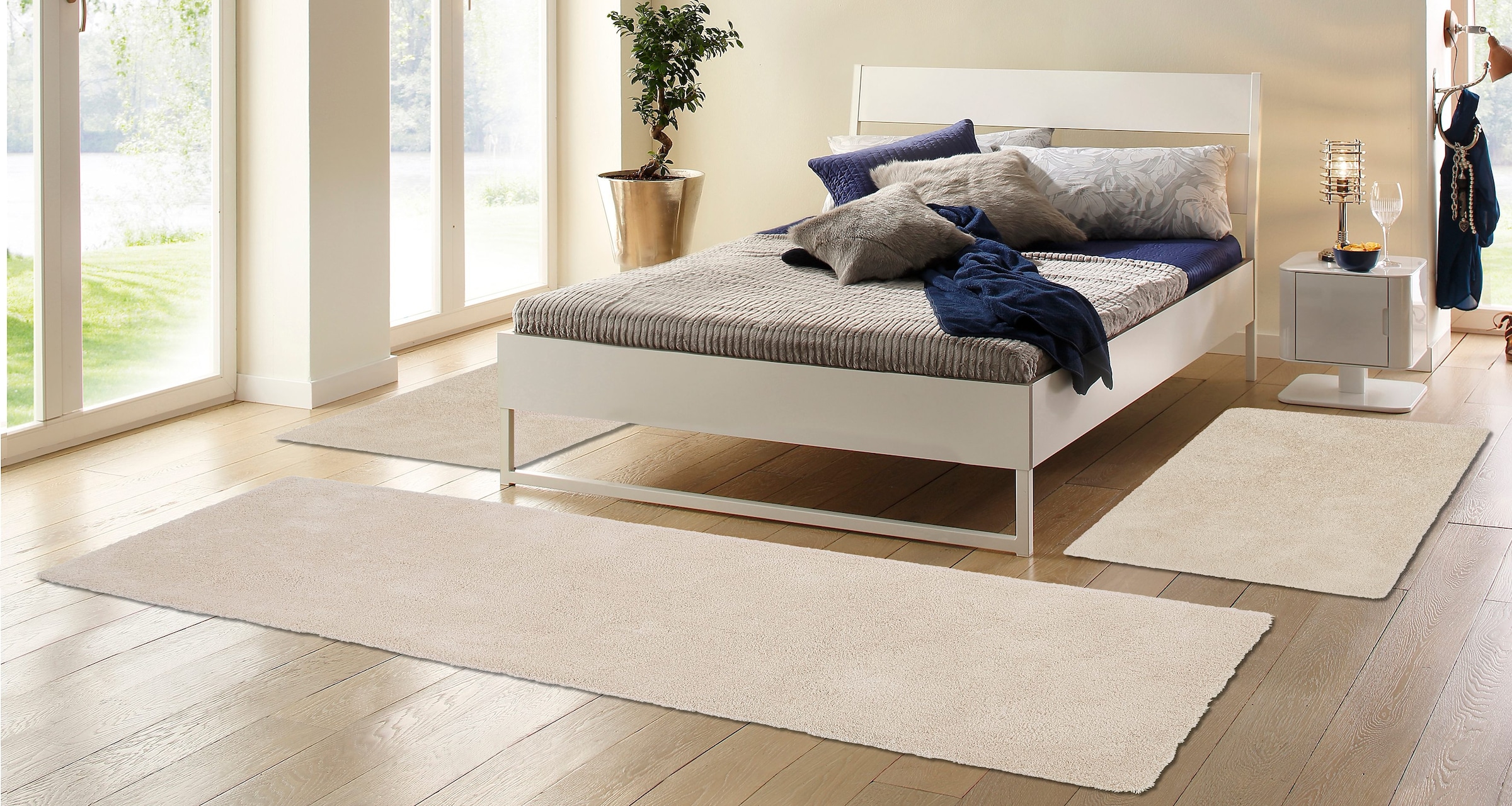 my home Hochflor-Bettumrandung »Microfaser Teppich Magong, besonders weich, sehr feiner Flor«, (3 tlg.), uni, einfarbiger Bettvorleger, Läufer-Set, Schlafzimmer, Kinderzimmer