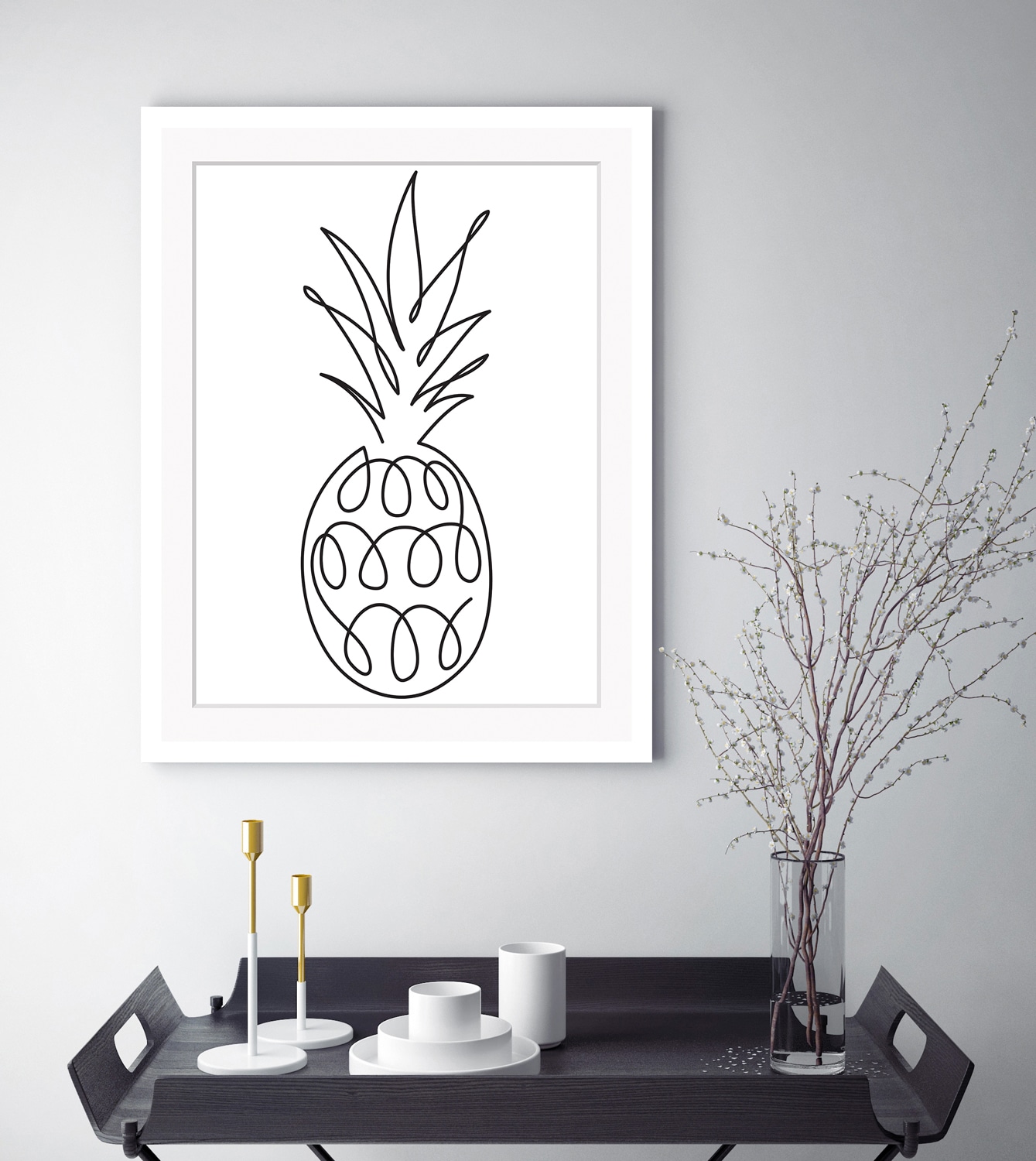 queence Bild "Juliane" Abstrakt Ananas Kunst Obst Schwarz-Weiß gerahmt, Ananas