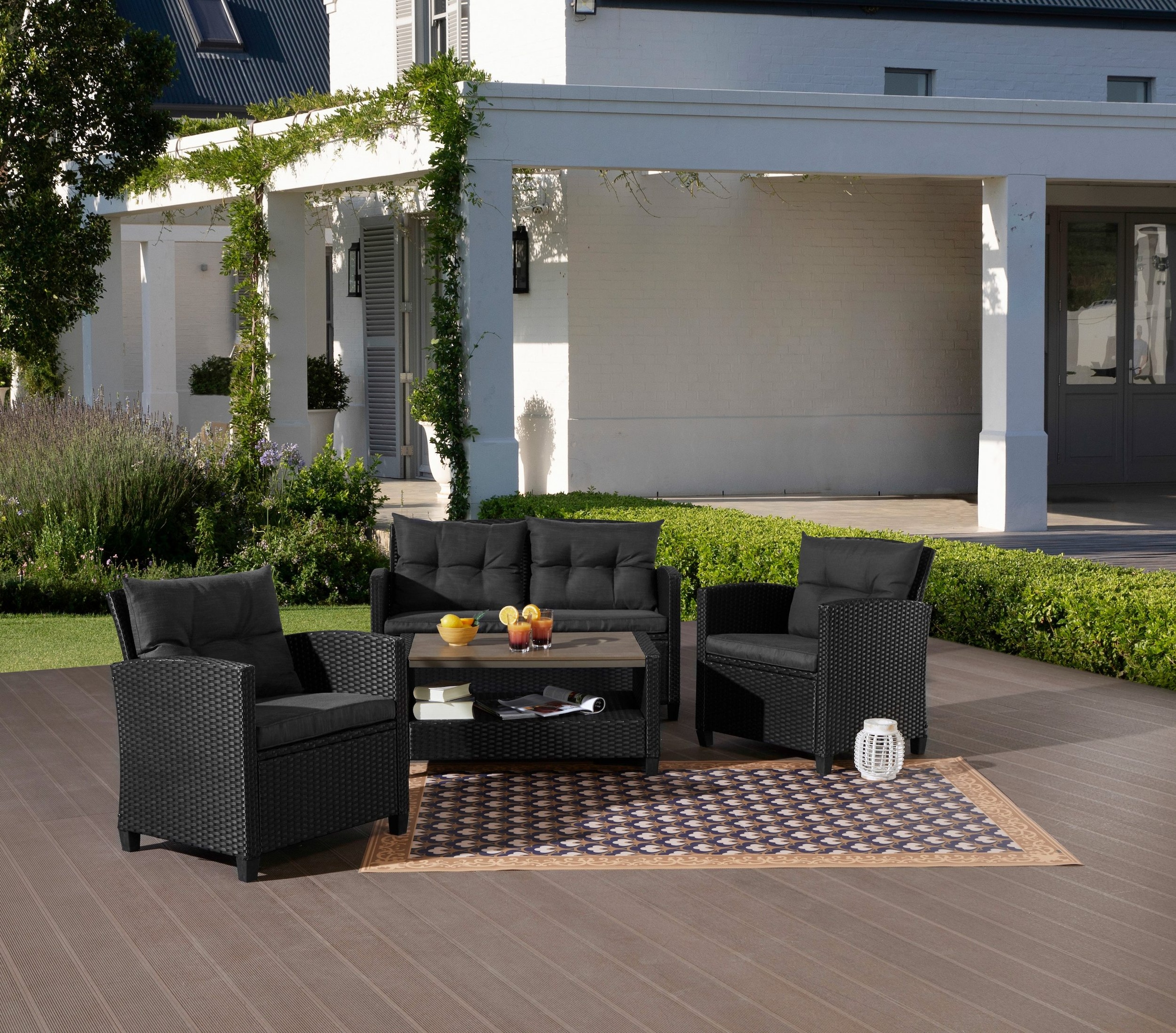 KONIFERA Gartenlounge-Set »St. Tropez«, (Set, 11 tlg., 1x2er Sofa, 2x Sessel,1x Tisch 90x55x42,5cm, inkl. Auflagen), Polyrattan, Stahl, Ablage unter dem Tisch, Balkonset, Loungeset