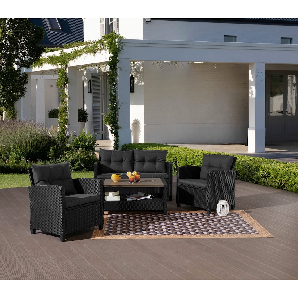 KONIFERA Gartenlounge-Set »St. Tropez«, (Set, 11 tlg., 1x2er Sofa, 2x Sessel,1x Tisch 90x55x42,5cm, inkl. Auflagen), Polyrattan, Stahl, Ablage unter dem Tisch, Balkonset, Loungeset