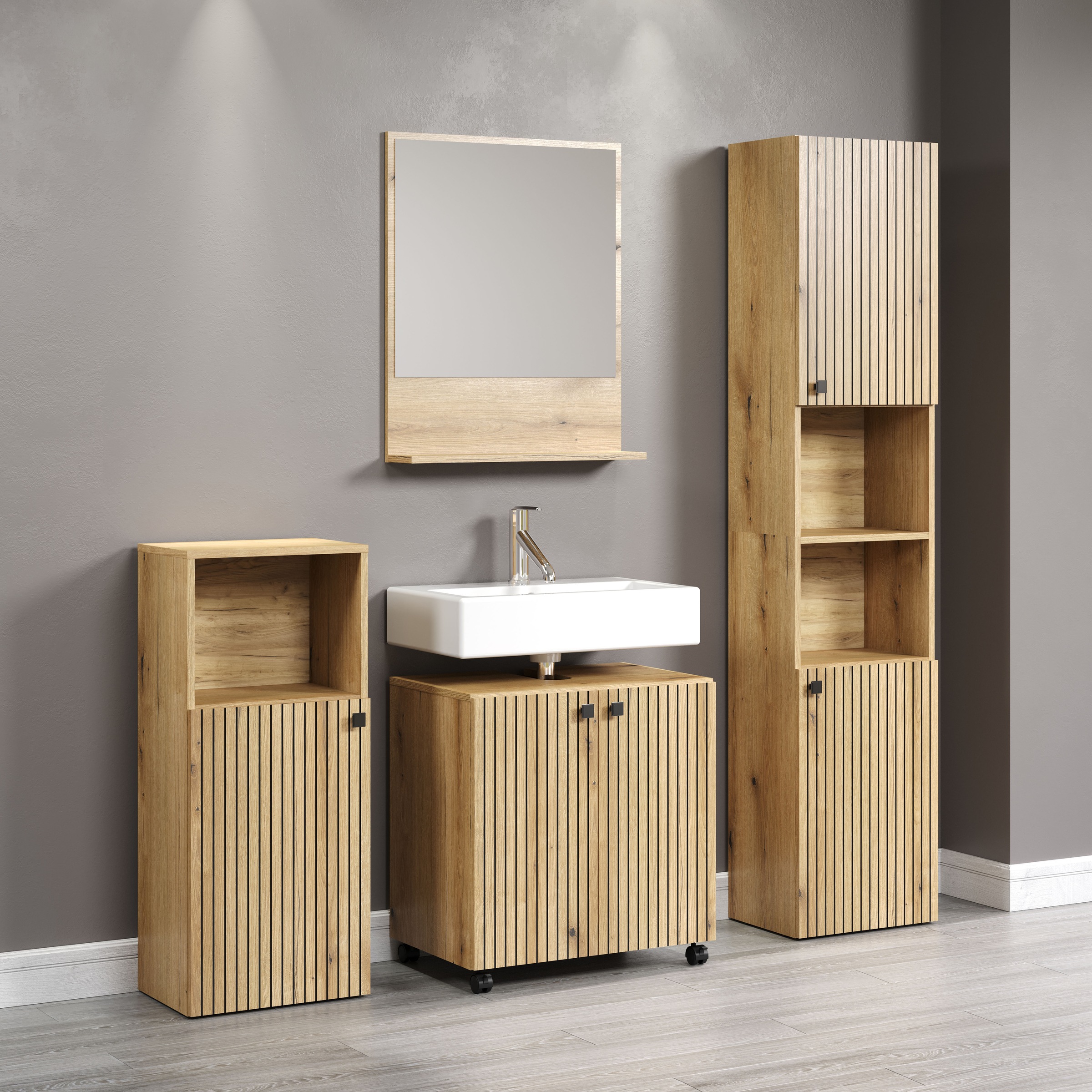 Thumbnail - welltime Badmöbel-Set "Amrum Waschbeckenunterschrank Spiegel Hochschrank Badschrank" Komplett-Set, 4 Stk. tlg. 4-teilige...