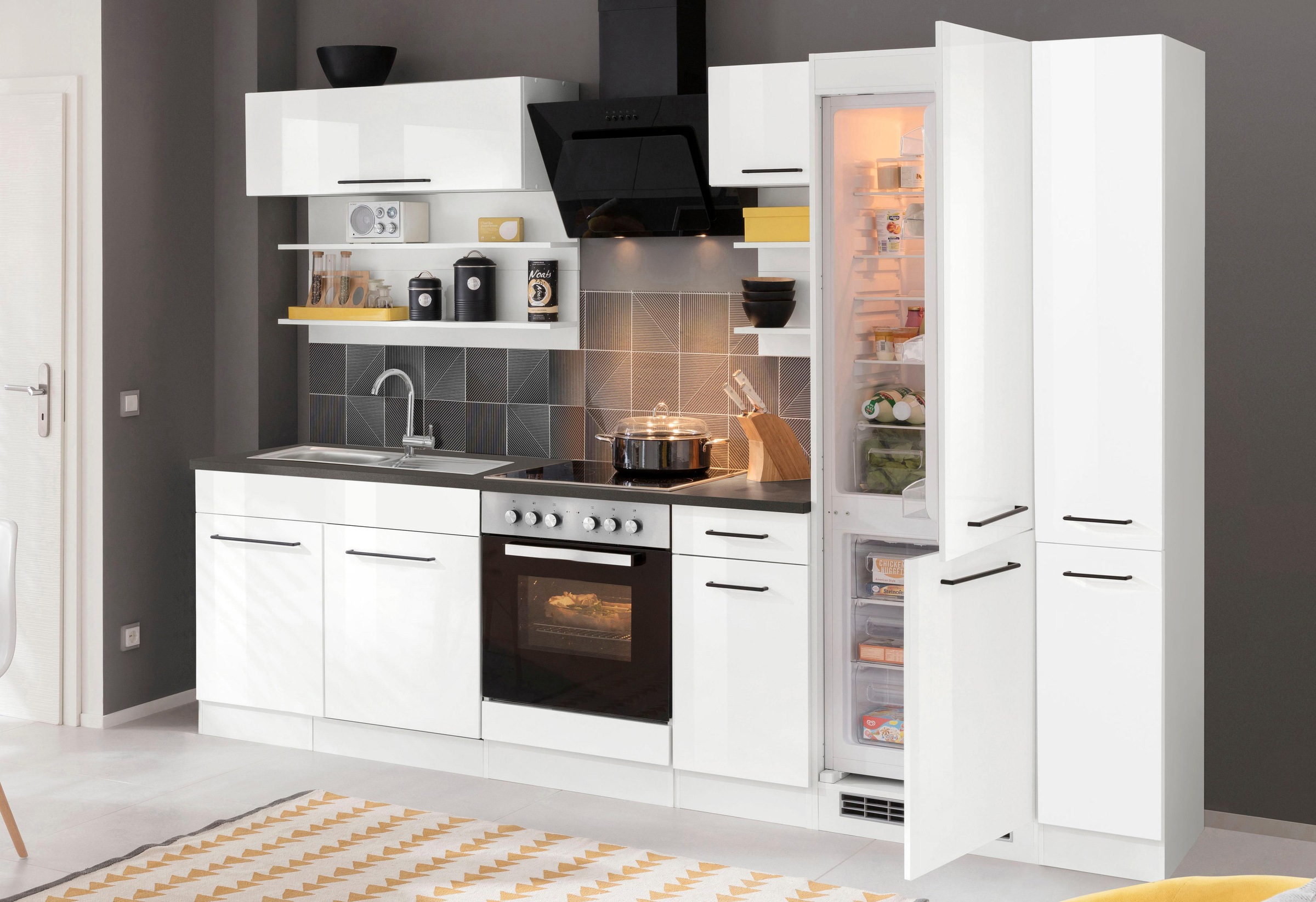 KOCHSTATION Küchenzeile »KS-Tulsa«, mit E-Geräten, Breite 300 cm, schwarze Metallgriffe, MDF Fronten
