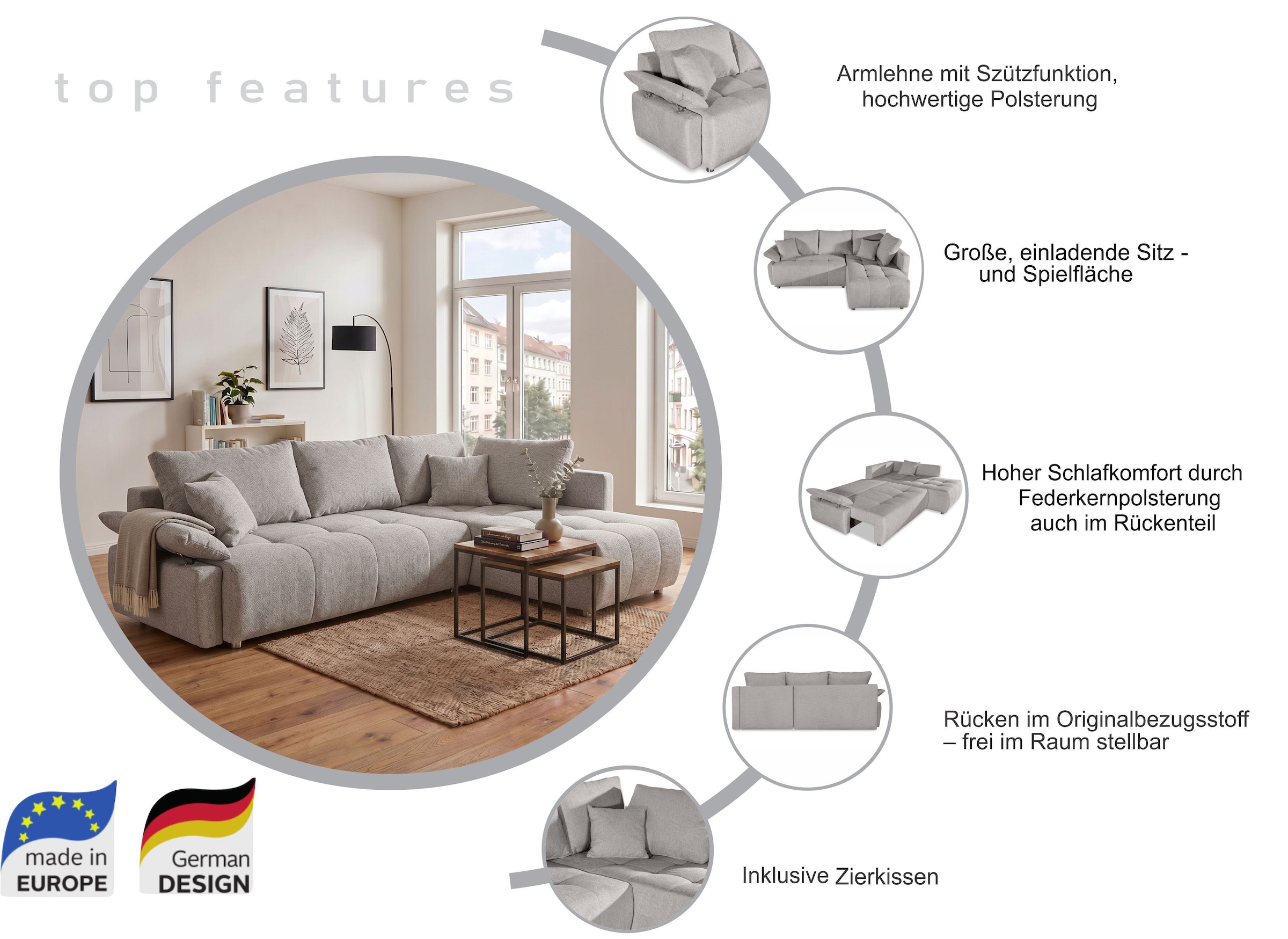 COLLECTION AB Ecksofa Ecksofa, Schlaffunktion, Bonnelfederkern, Kissen, Armverstellung