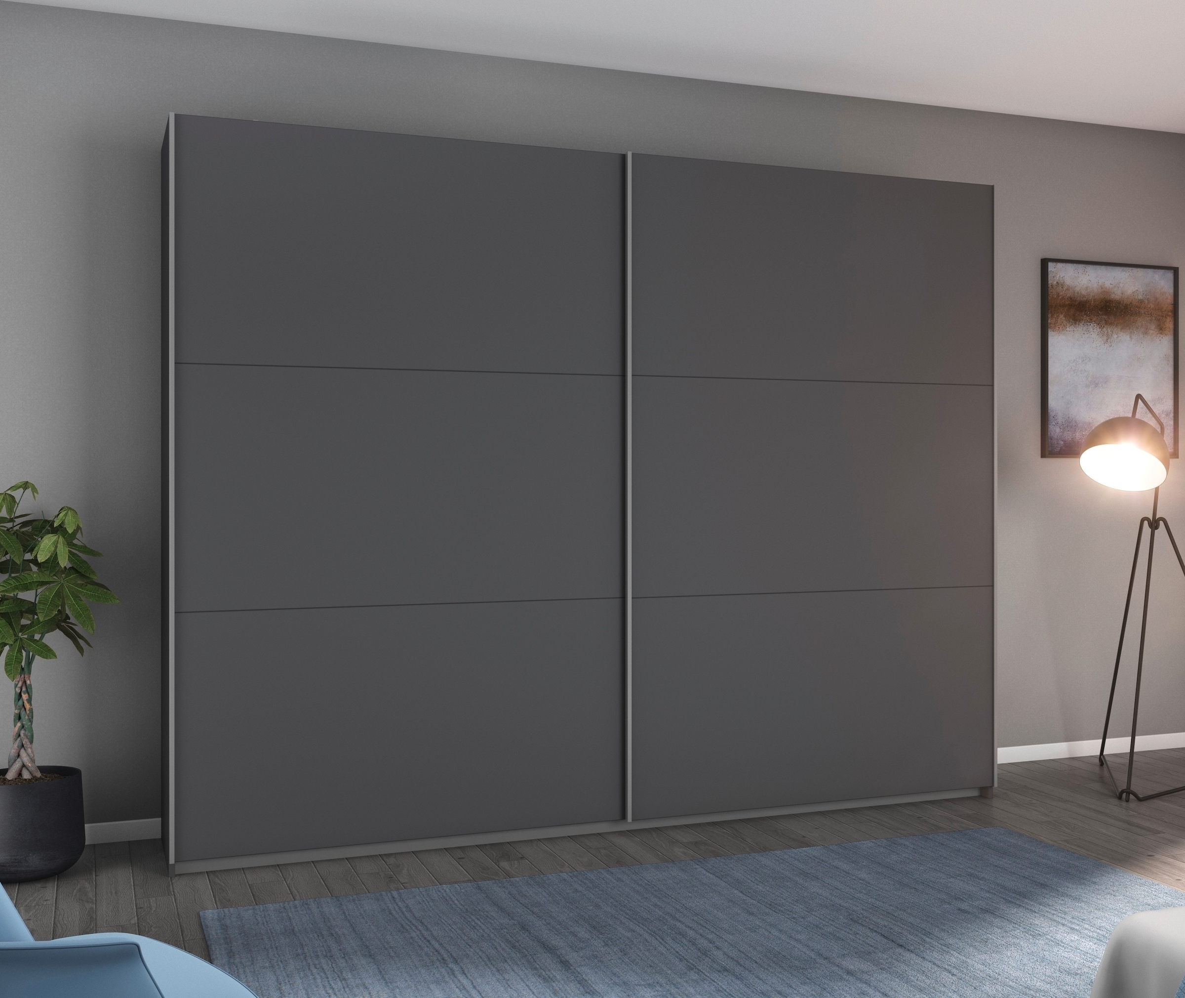 rauch Schwebetürenschrank "AURELIO Kleiderschrank Garderobe" 3 Ausstattungen BASIC/CLASSIC/PREMIUM (inkl. SOFT-CLOSE-FUNKTION), 3 verschiedene Ausstattungsvarianten Griffe aus Metall MADE IN GERMANY