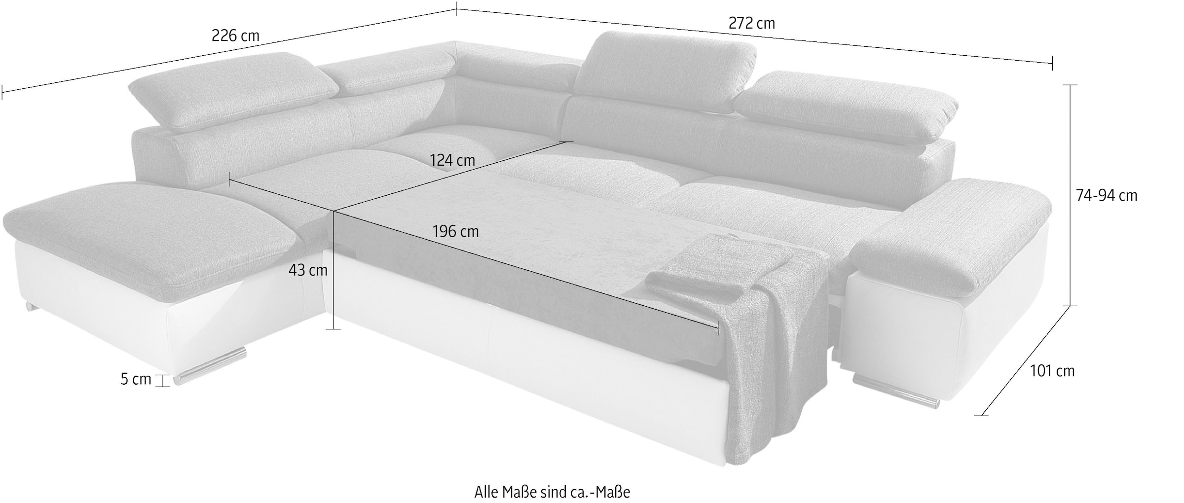 sit&more Ecksofa Alcudia L-Form, wahlweise mit Bettfunktion, inklusive Arm- und Kopfteilverstellung