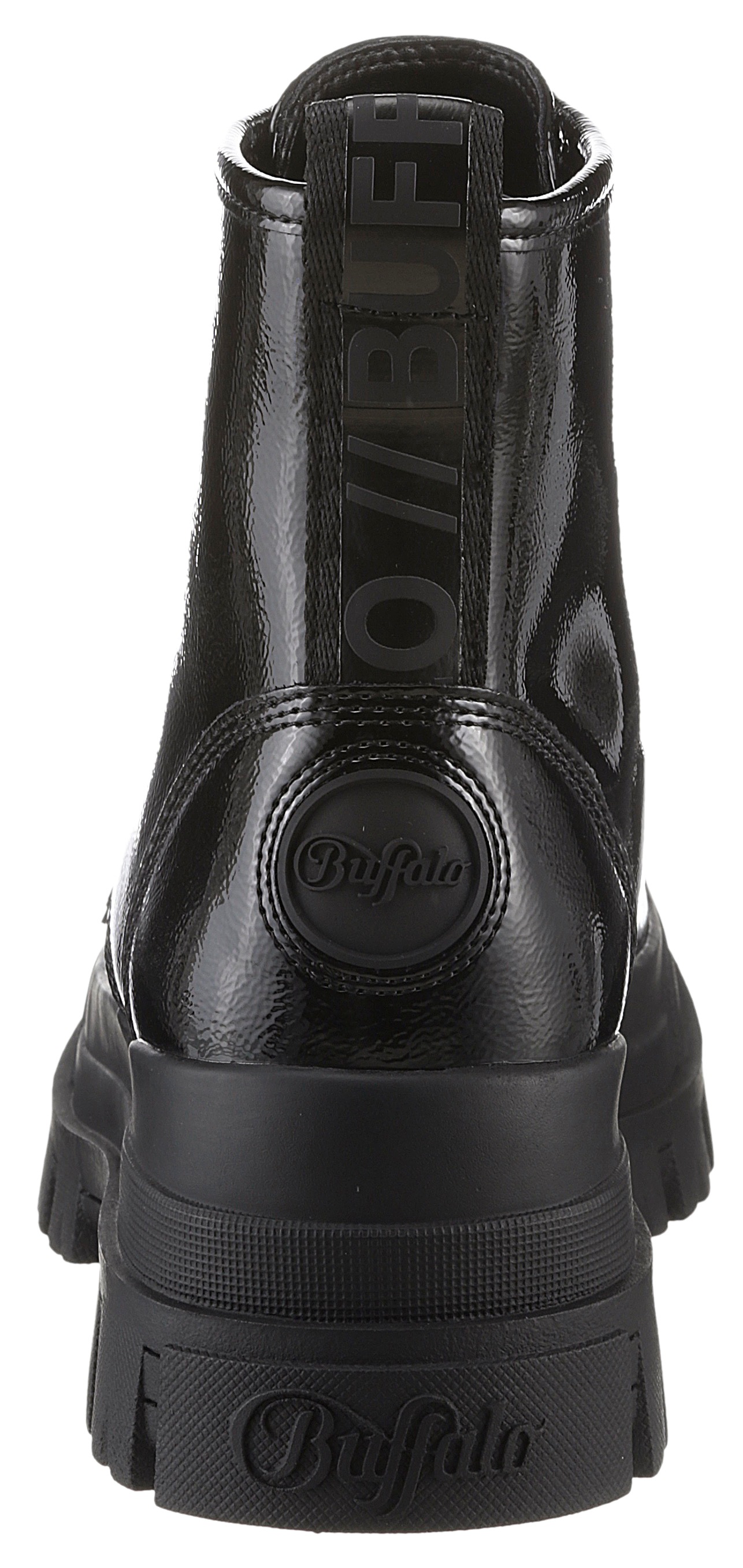 Buffalo Schnürboots »ASPHA RLD VEGAN«, Schnürstiefelette, Plateaustiefelette, Blockabsatz, in Lack-Optik