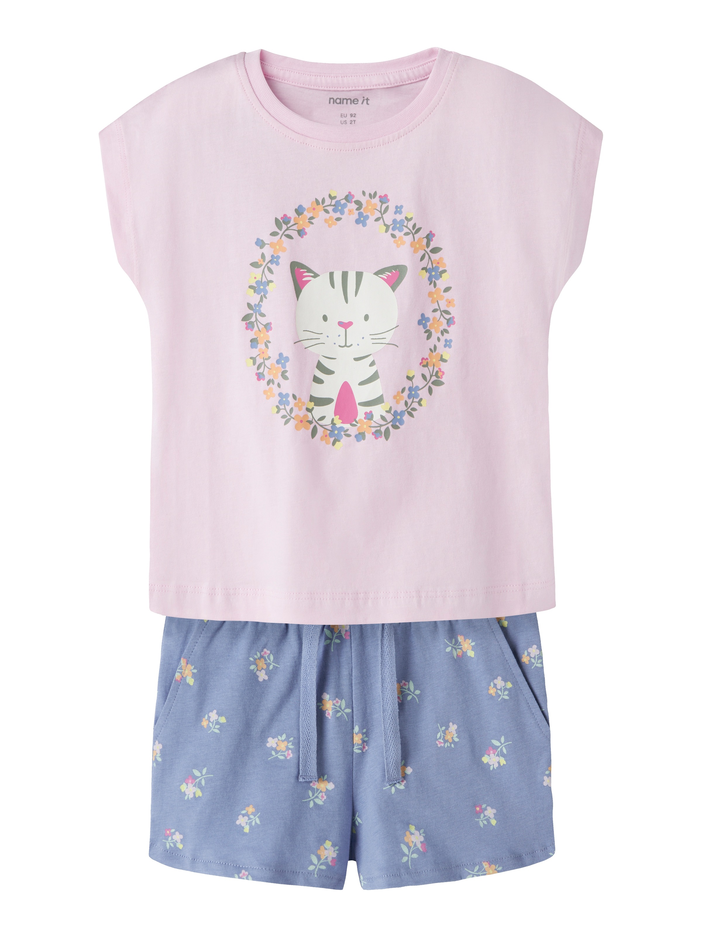 Shorty NAME IT "NMFVIGEA CAPSL TOP SET", Jungen, Gr. 104, pirouette print:flower cat, Web, Obermaterial: 100% Baumwolle, bedruckt, unifarben, normal kurz, Rundhals, angeschnitten, Homewear-Sets Shorty, bestehend aus Shirt und Shorts