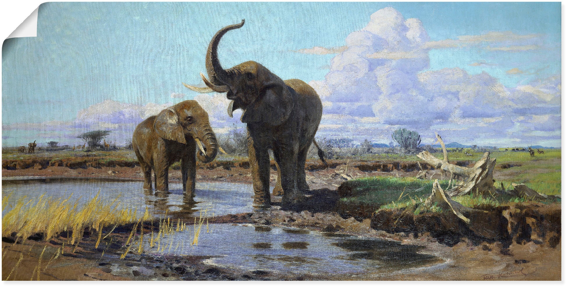 »Elefanten der | kaufen oder (1 Leinwandbild, als BAUR St.), Wandaufkleber versch. in Wildtiere, an Poster Artland Wandbild Größen Wasserstelle.«, Alubild,