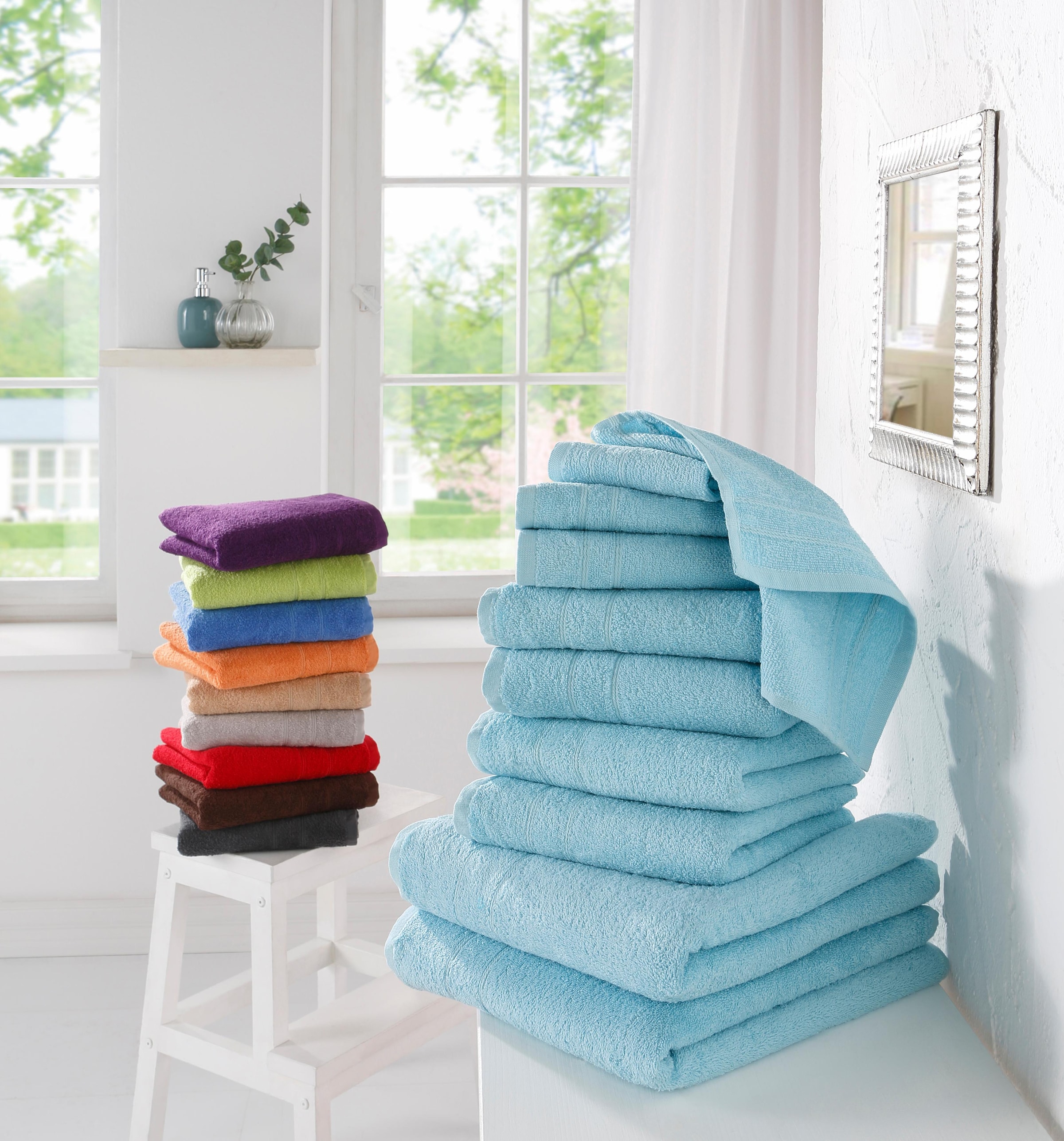 my home Handtuch Set »Inga, Duschtücher, Handtücher, Gästetücher, Seiftücher«, 10 tlg., Walkfrottee, Handtücher mit feiner Bordüre, 100% Baumwolle, einfarbig, weich