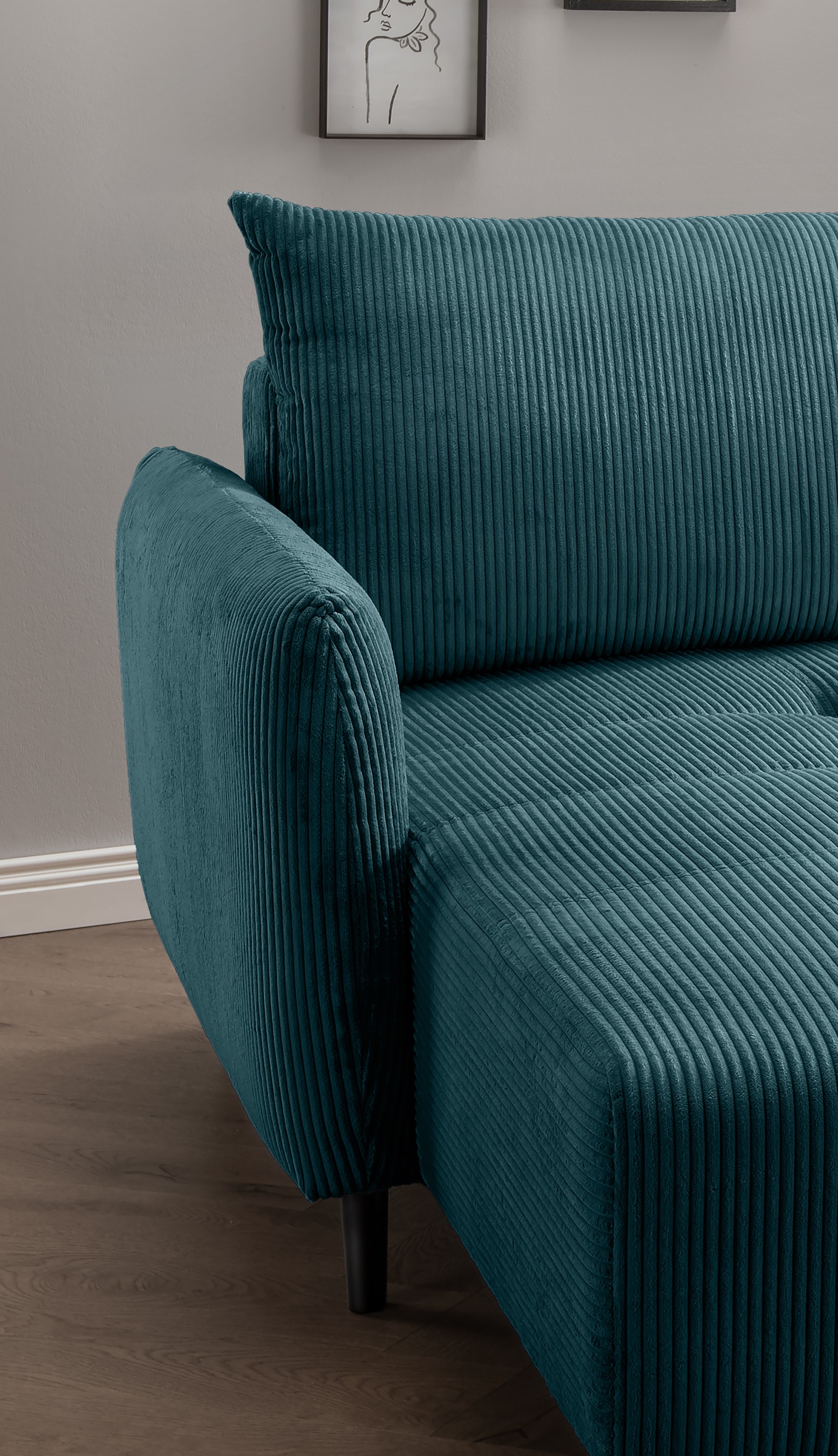 INOSIGN Ecksofa »Mara, aktueller Cord Bezug, wahlweise mit Bett und Bettkasten«, mit schmalen Armlehnen, Recamiere links und rechts montierbar, L-Form