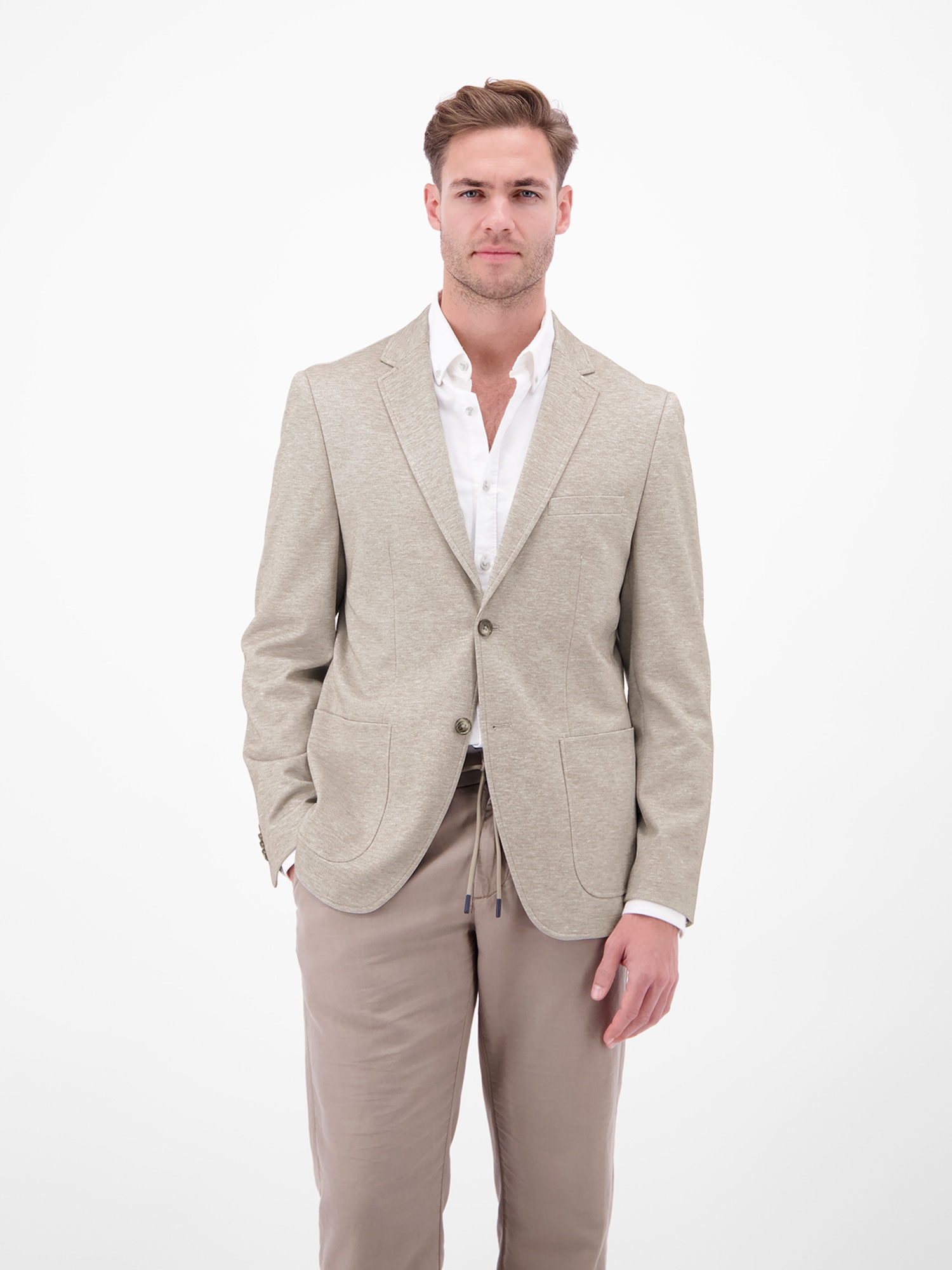 Jerseysakko LERROS "Leichter Jersey-Blazer mit bedrucktem Futter", Herren, Gr. 58, kitt, 82% Polyester, 11% Viskose, 7% Elasthan, Sakkos, Jersey mit Stretchanteil, bedrucktes Innenfutter, 2-Knopf-Design