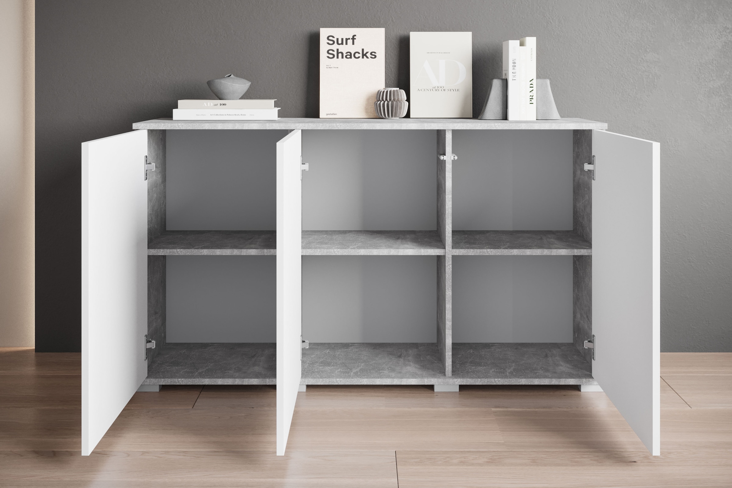 INOSIGN Sideboard »Kenia, moderne grifflose Kommode mit 3 Türen, Breite 120 cm«, (1 St.), Push-to-Open-Fronten, höhenverstellbaren Einlegeböden