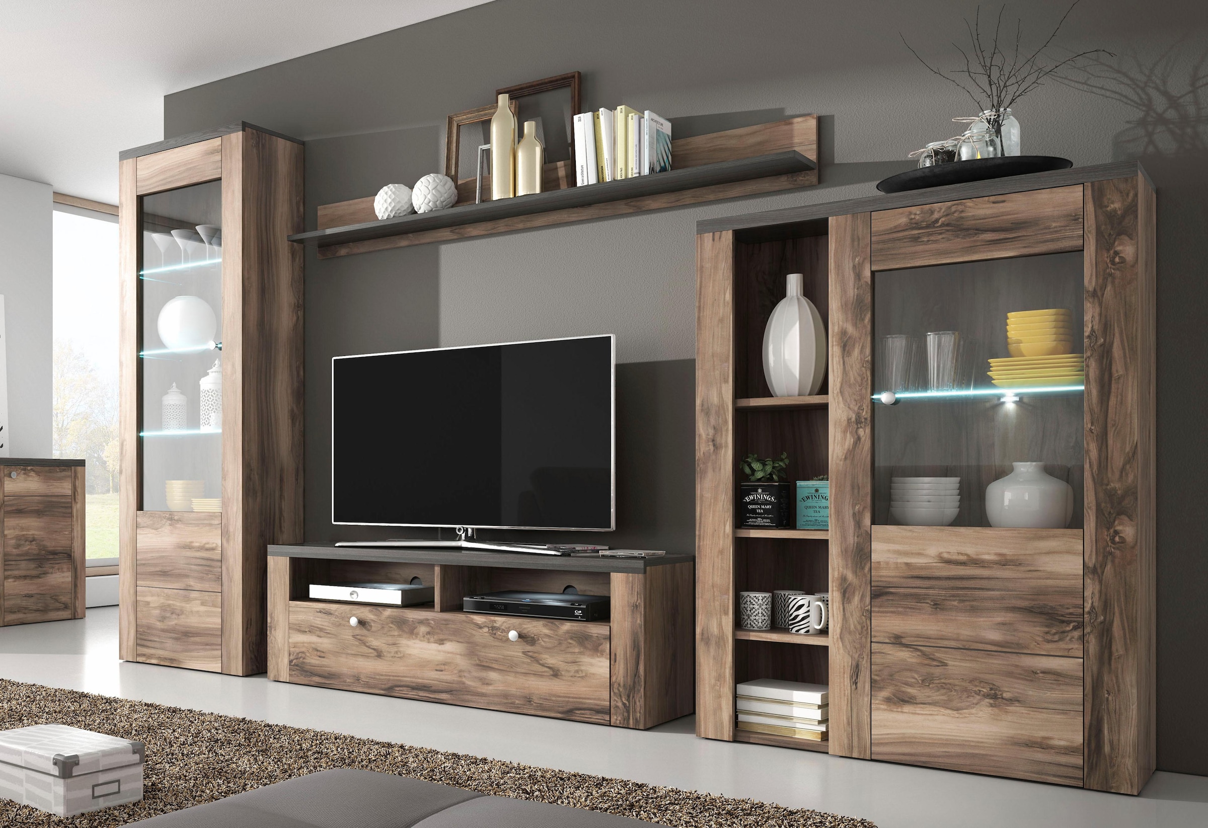 Home affaire Wohnwand »Larona, Anbauwand, Set 4 Teilig«, (Set, 4 St.), bestehend aus 1 TV-Board, 1 Highboard, 1 Vitrine, 1 Wandregal