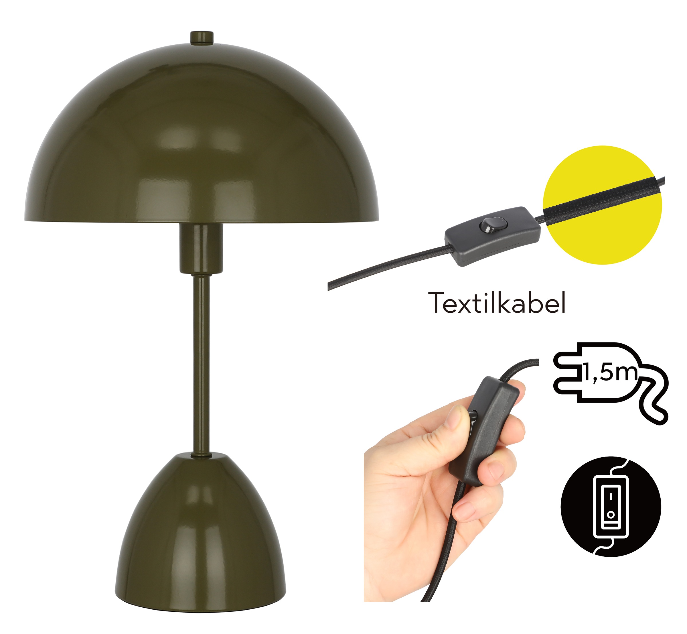 OTTO home Tischleuchte »Dorrio Pilzlampe« E14 1 Stk. Textilkabel blendfreie Nachttischleuchte, Tischlampe, E14, Pilz, Lampe