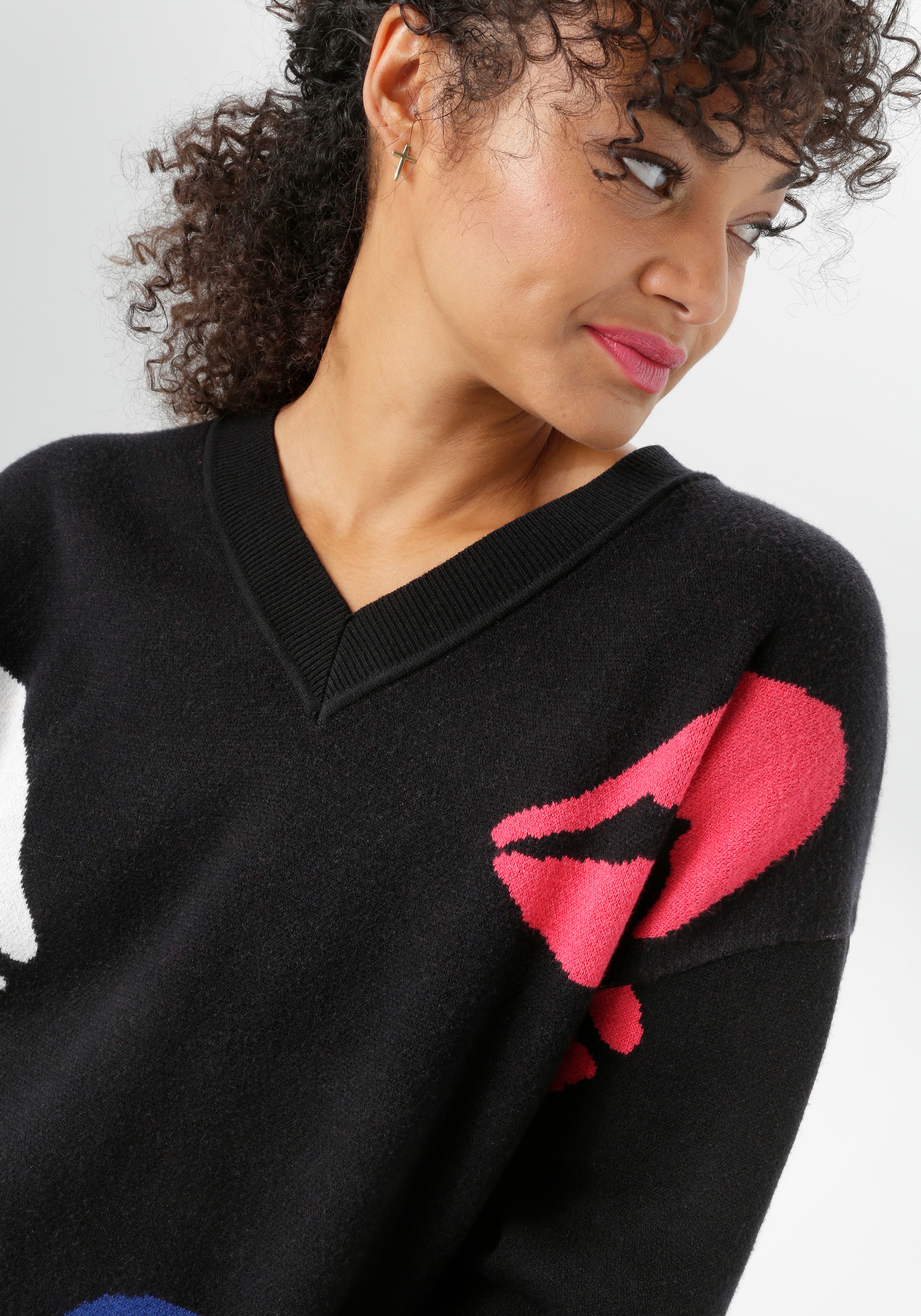 Aniston PLUS Strickpullover, mit eingestrickten farbigen Kussmündern - NEUE KOLLEKTION