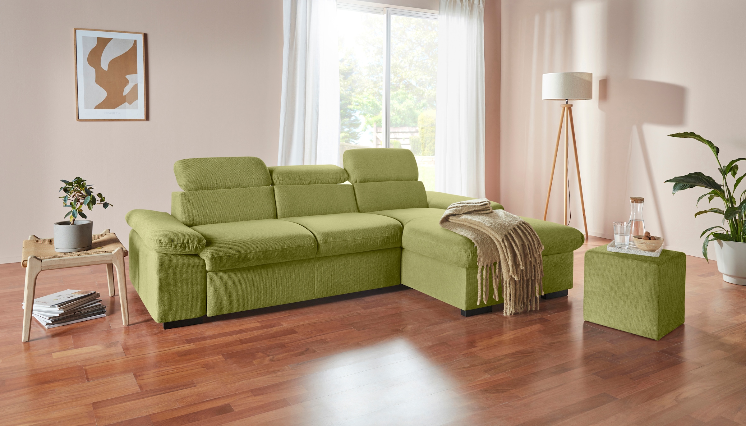 COTTA Ecksofa »Lola L-Form mit Kopfteilfunktion & Hocker«, (Set, mit Hocker), wahlweise mit Bettfunktion, Bettkasten & Armteilverstellung