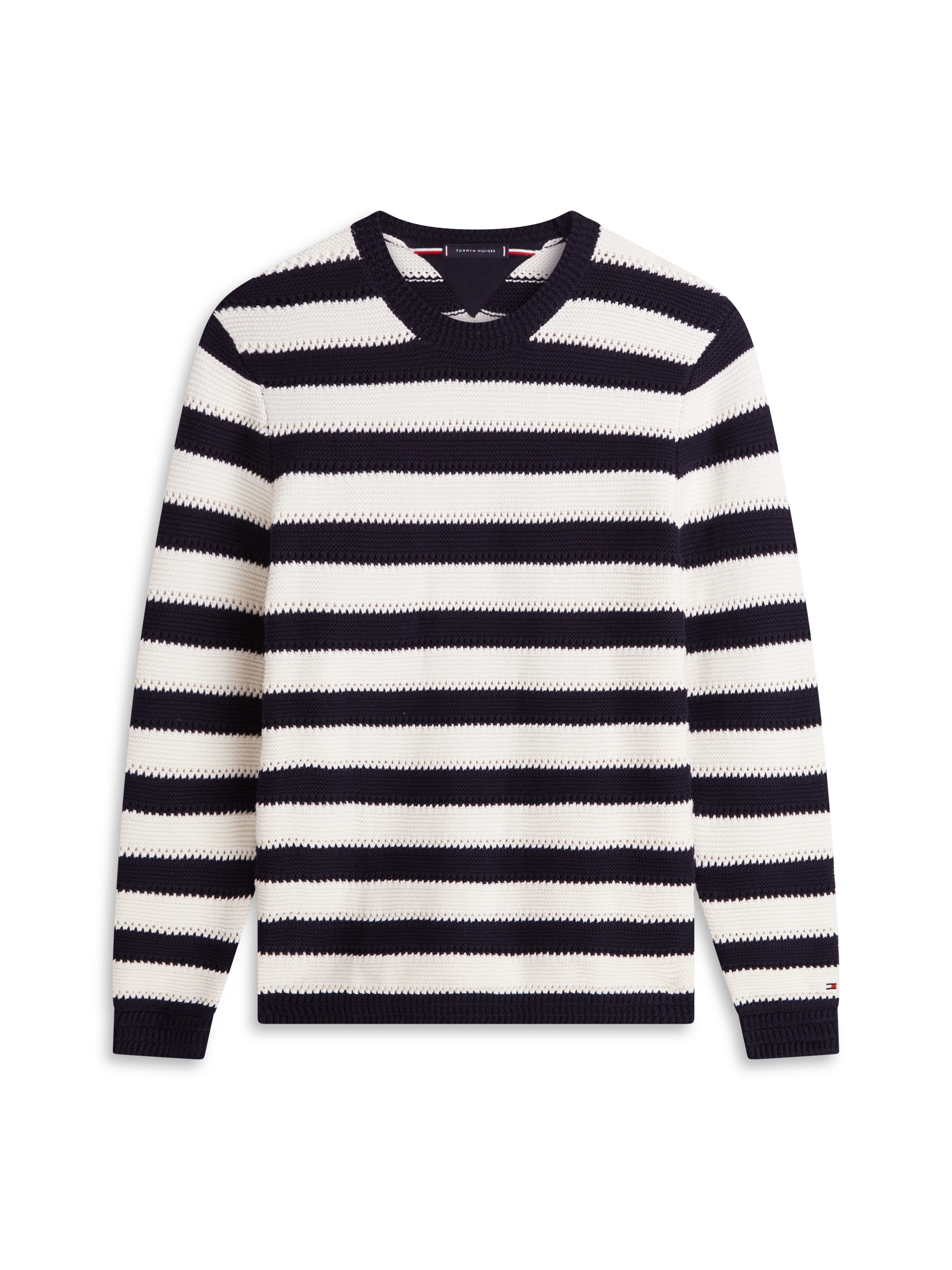 Tommy Hilfiger Rundhalspullover »CROCHET BLOCK STRIPE CREW NECK« Gestreifter Relaxed Fit Häkelpullover