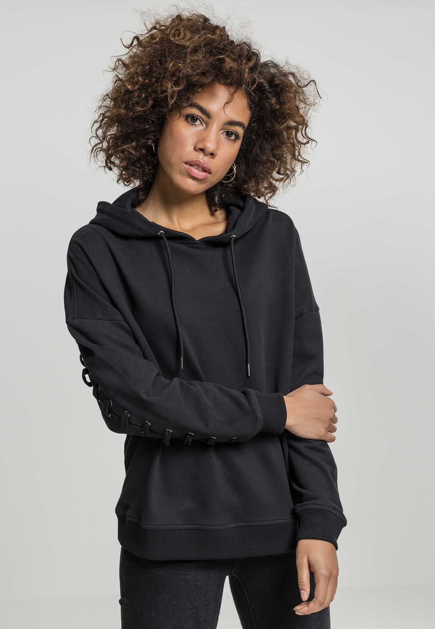 URBAN CLASSICS Rundhalspullover "Urban Classics Damen Ladies Laced-Up Hoody"