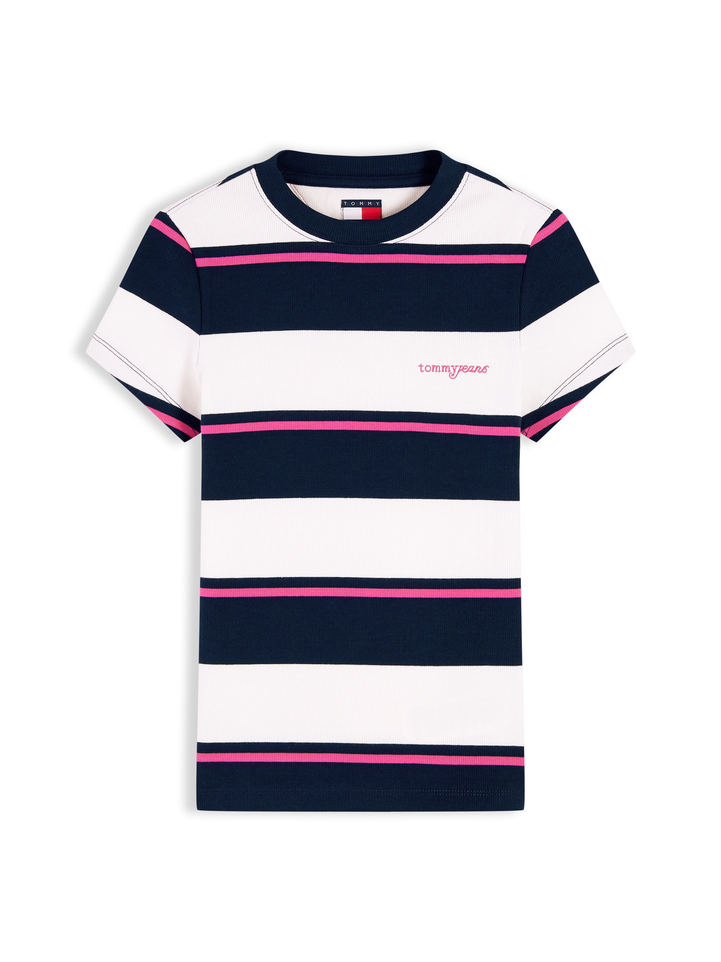 Tommy Jeans Rundhalsshirt »TJW SLIM RIB SCRIPT SS TEE« Baumwollmischung, slim fit, figurbetont, in gerippter Struktur