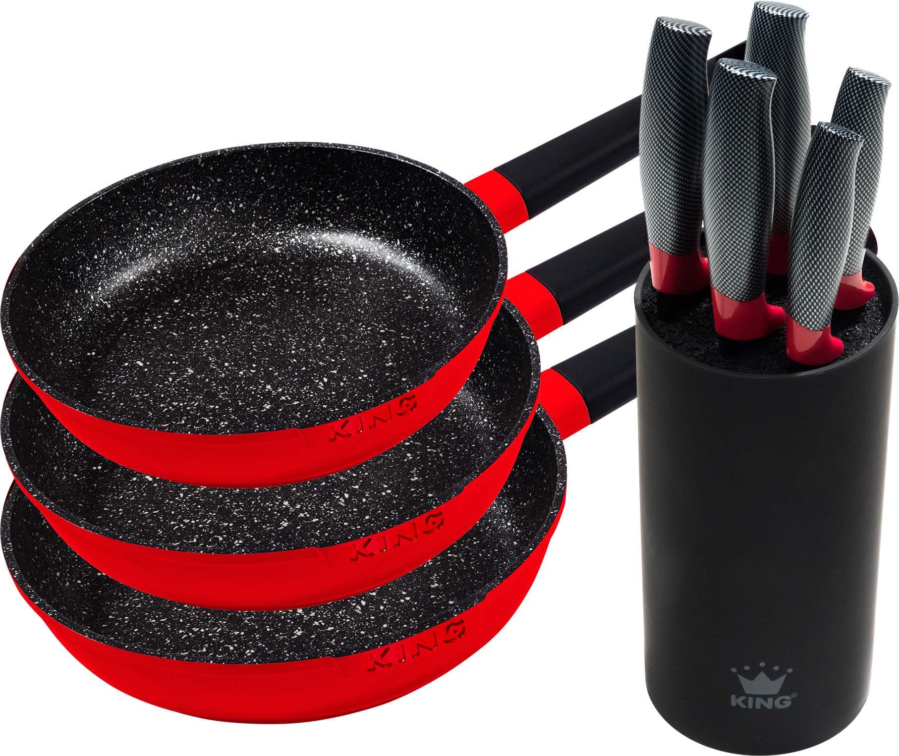 KING Pfannen-Set »Shine Red«, Aluminiumguss, (Set, 3 tlg.), Induktion, mit  6-teiligem Messerblock kaufen | BAUR