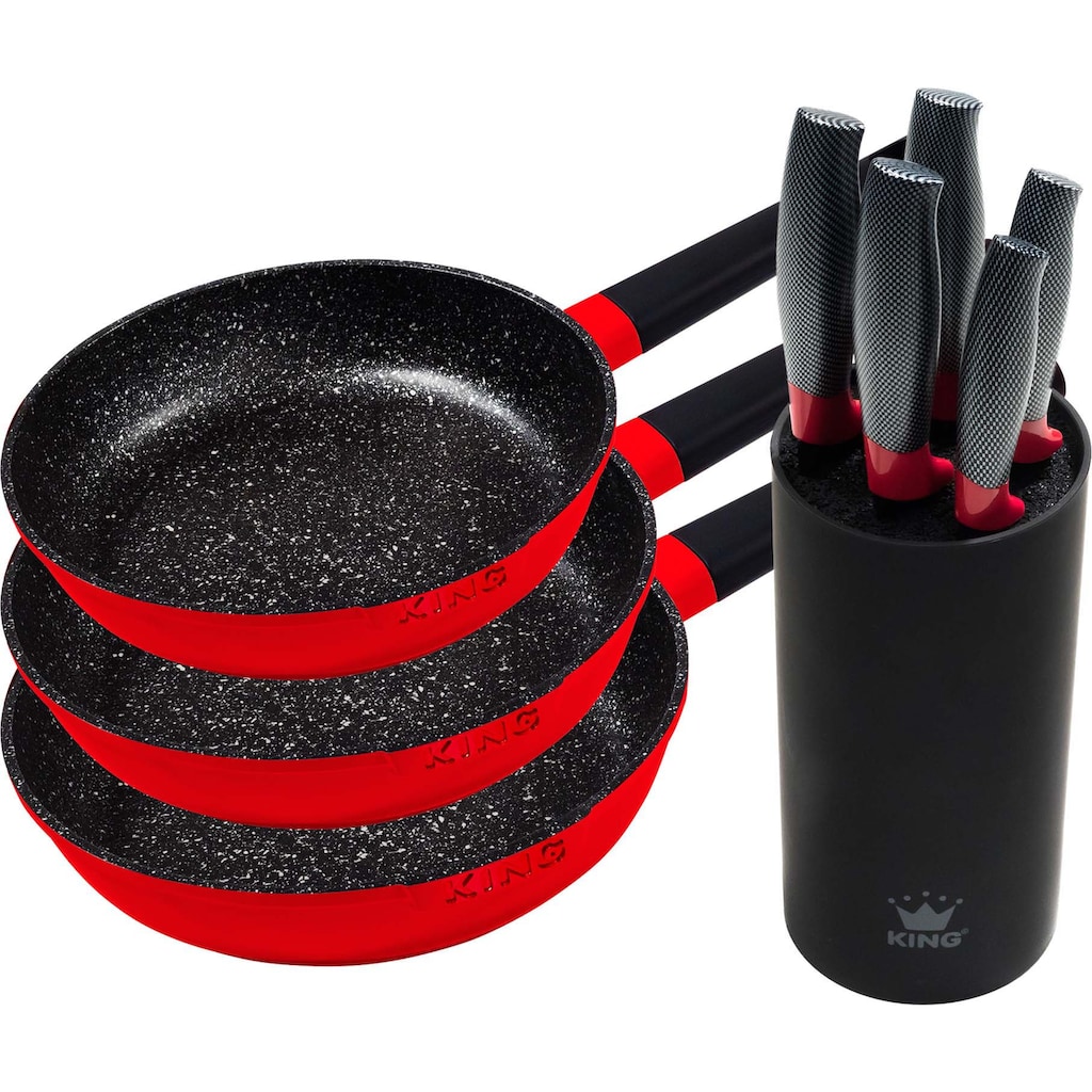 KING Pfannen-Set »Shine Red«, Aluminiumguss, (Set, 3 tlg., je 1 Bratpfanne Ø 20/24/28 cm, H: 5/5,5/6 cm, - 1/1,9/2,5 l), Induktion, mit 6-teiligem Messerblock