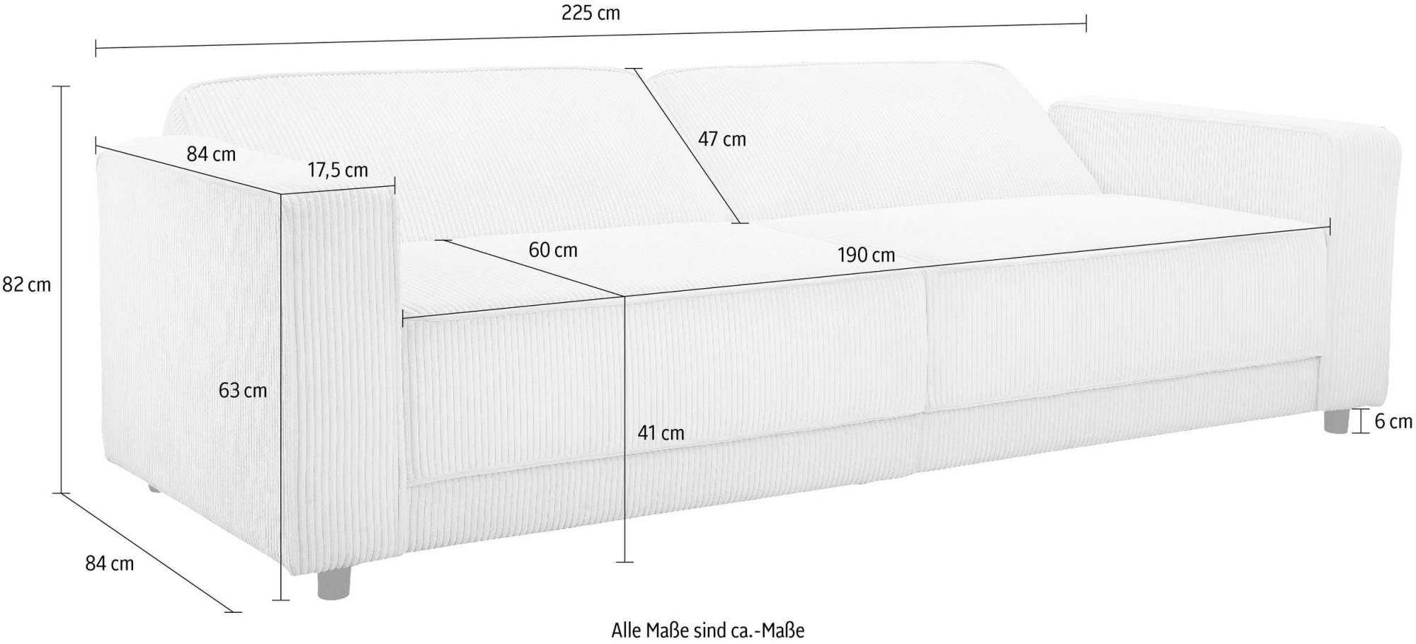 Dorel Home 3-Sitzer »Allie II Schlafsofa 225 cm«, Bett-Funktion (108/190cm), Rückenlehne 2-teilig, mit Steppung