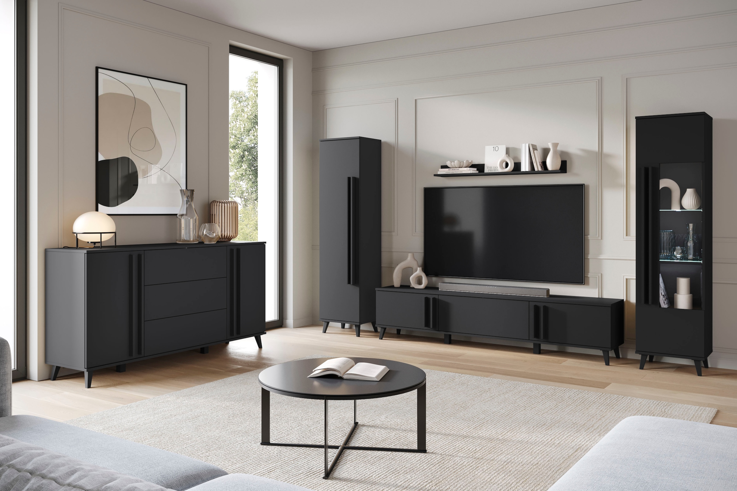 INOSIGN Wohnwand »Helsinki, Modernes Set mit verglaster Vitrine«, (Komplett-Set, 4 St.), mit lamellengriffen, verstellbaren Einlegeböden und Kunststofffüßen