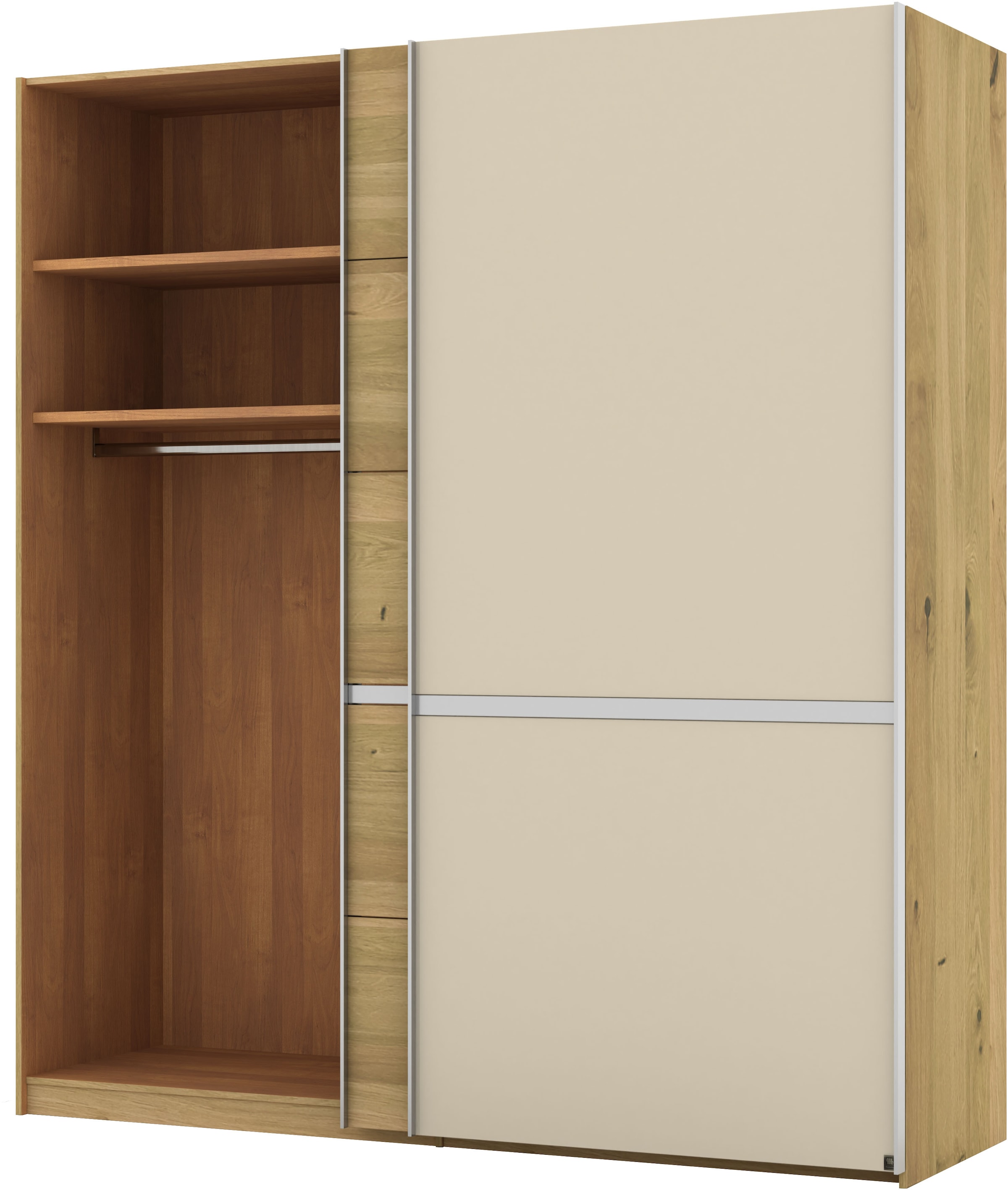 Musterring Schwebetürenschrank »Savona, Kleiderschrank, Schrank, Garderobe, mit Schiebetüren«, (Teilmassiv Bianco-Eiche, mit Spiegel oder Glas, MADE IN GERMANY), Türen Bianco-Eiche massiv, Spiegel-/Glastüren, eingelegte Chromleiste