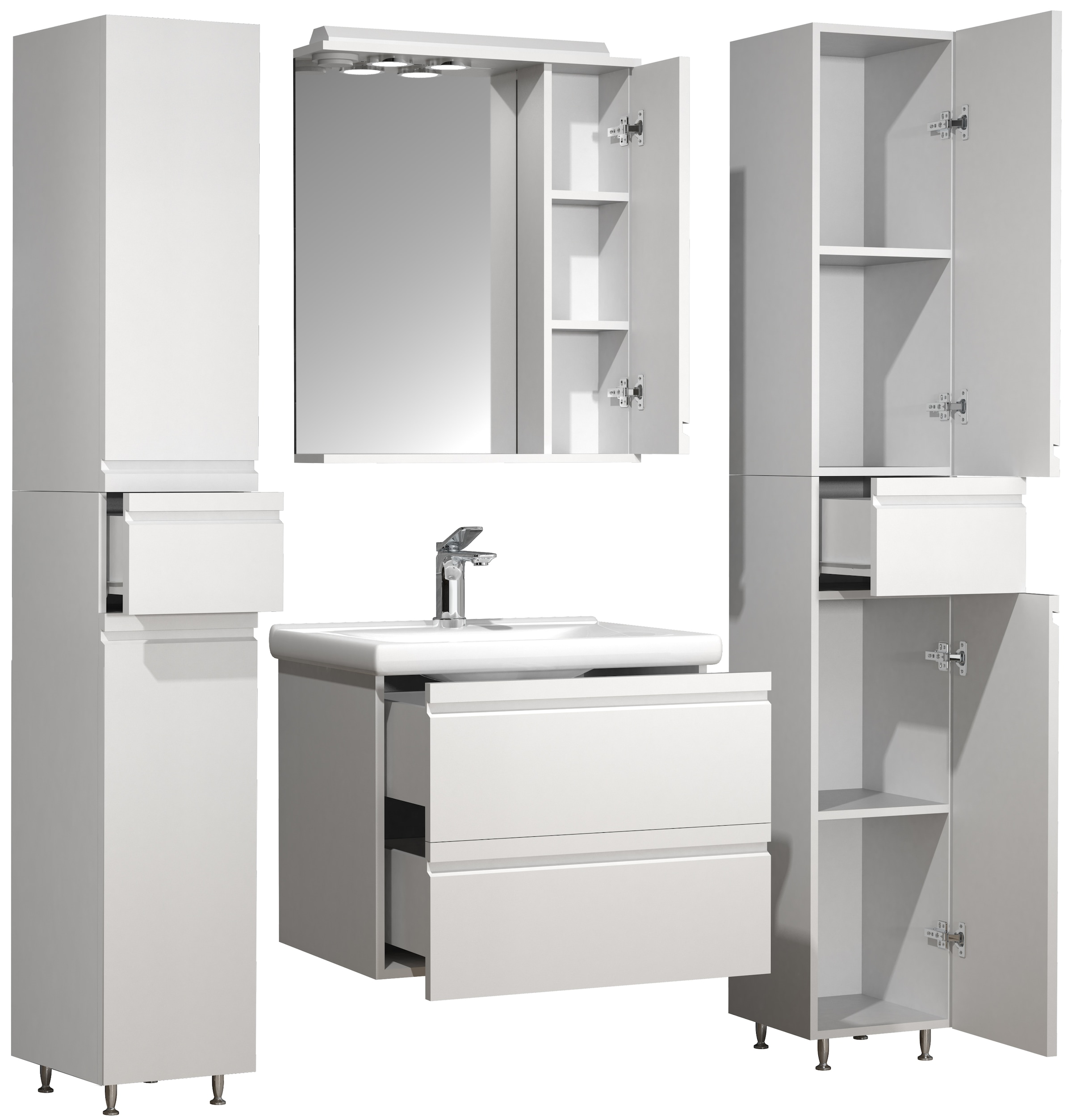 VCM Waschbeckenunterschrank »VCM 5-tlg. Waschplatz Waschtisch 60 cm Badmöbel Set Waschbecken grifflose Schublade Spiegelschrank Hochschrank Silora L«, (5 St.)
