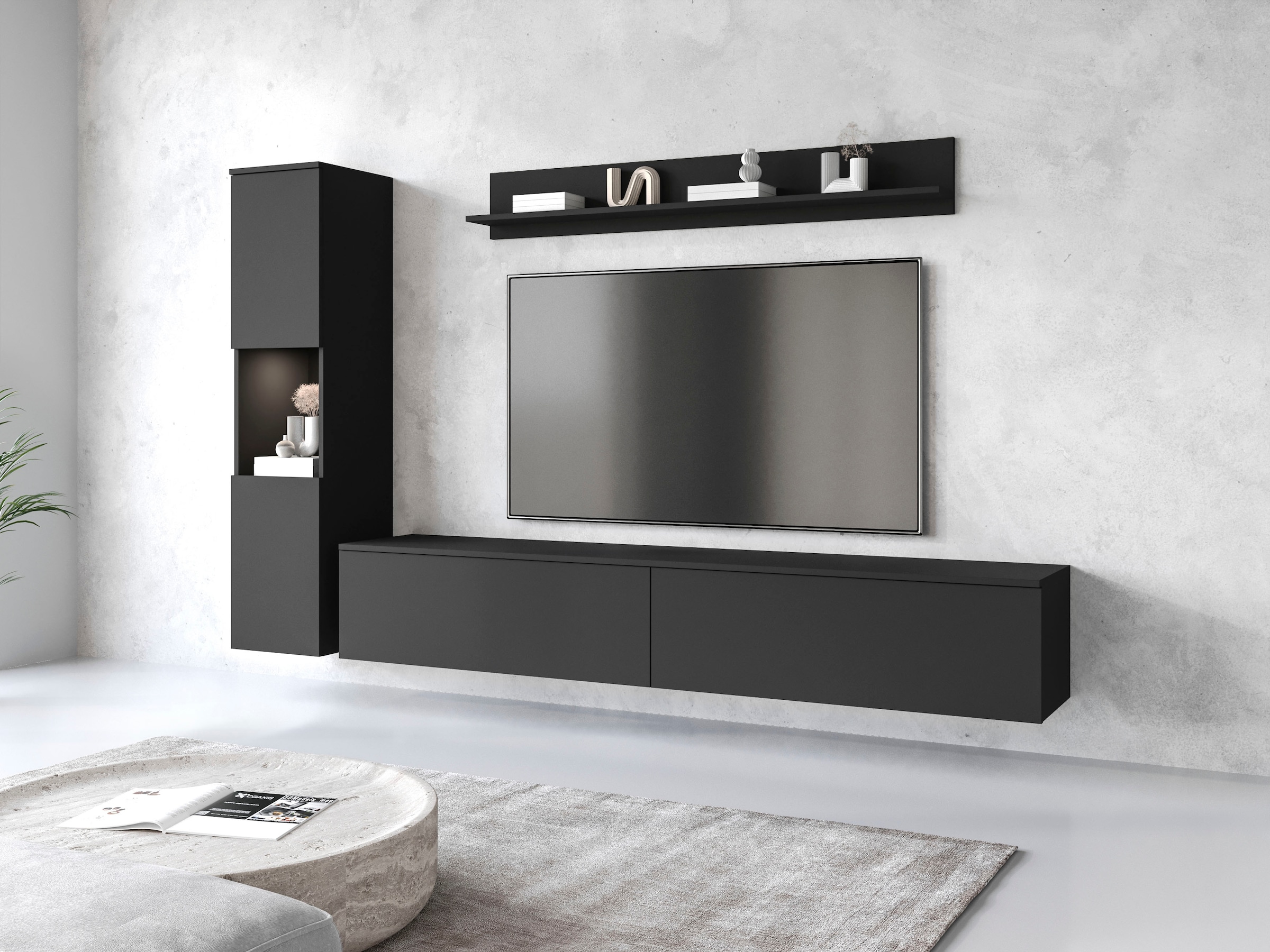 INOSIGN Wohnwand »PARIS, Vitrine Türanschlag links/rechts wechselbar«, (Komplett-Set, 3 St.), grifflose Design, stehend und hängend montierbar