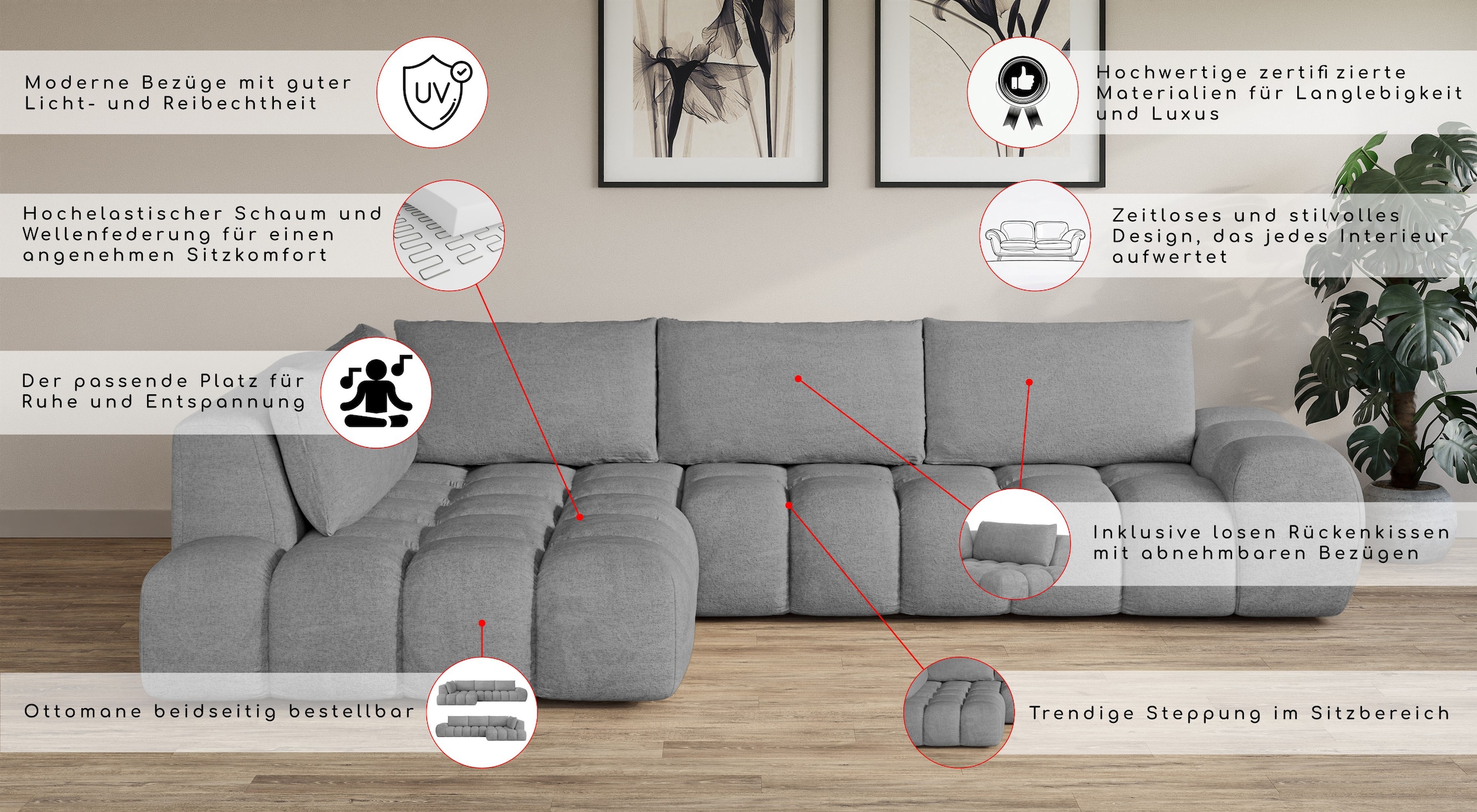 INOSIGN Ecksofa »AZITA Designsofa, elegant und bequem L-Form«, lose Rückenkissen, traumhafte Steppung, Maße B/T/H: 352/210/72 cm