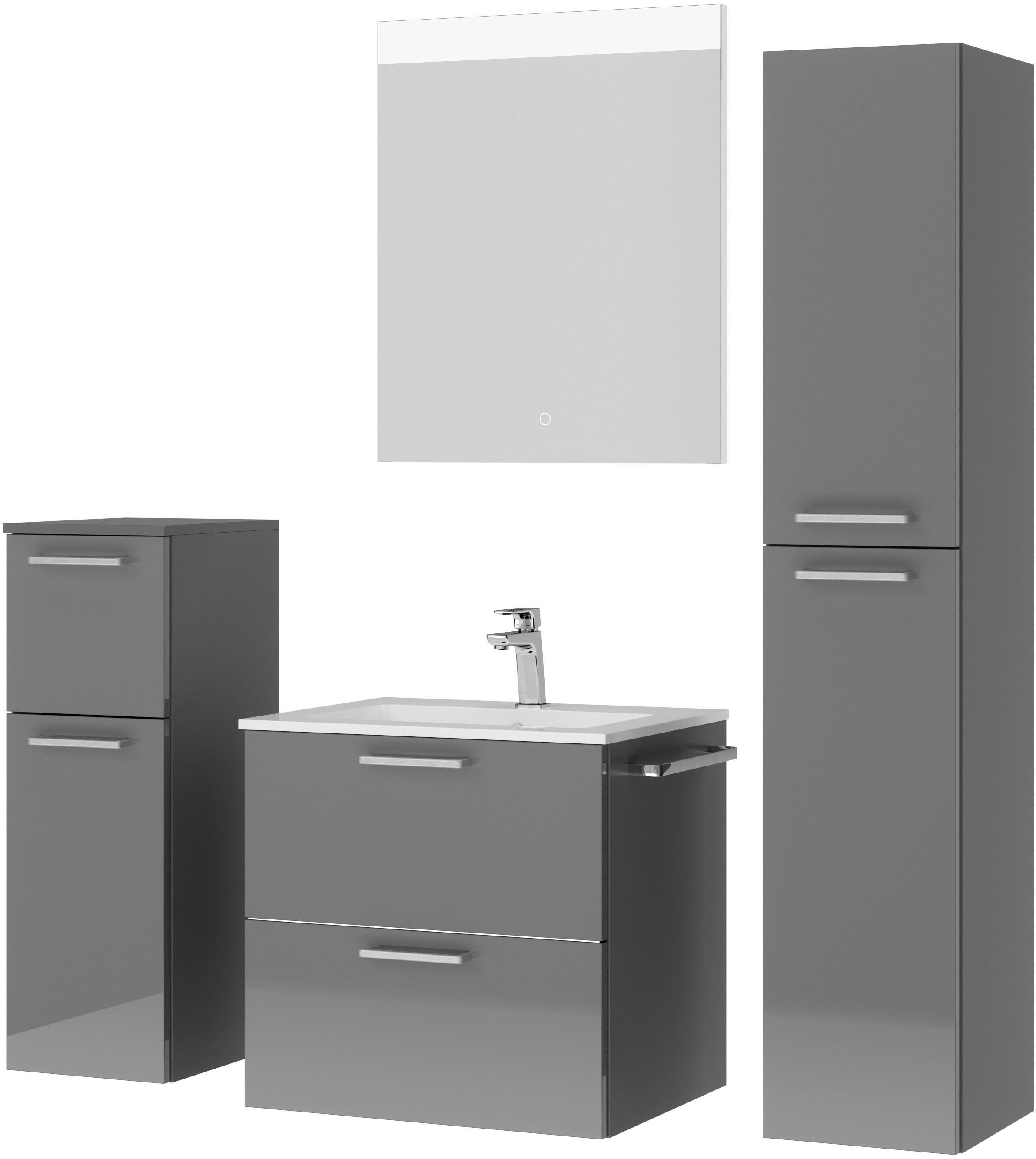 nobilia® Badmöbel-Set »Tolvina«, (4 St., vormontiert, mit Soft-Close), Hochglanz, inkl. Spiegel mit Touch-Sensor, in vier Breiten