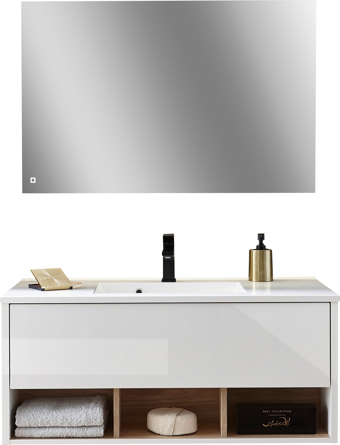 Places of Style Badmöbel-Set »Studio Line, Bad im modernen Design, 2-teiliges Badezimmer«, (2 St.), Waschtisch und Spiegel, in zwei Farben verfügbar, viel Stauraum