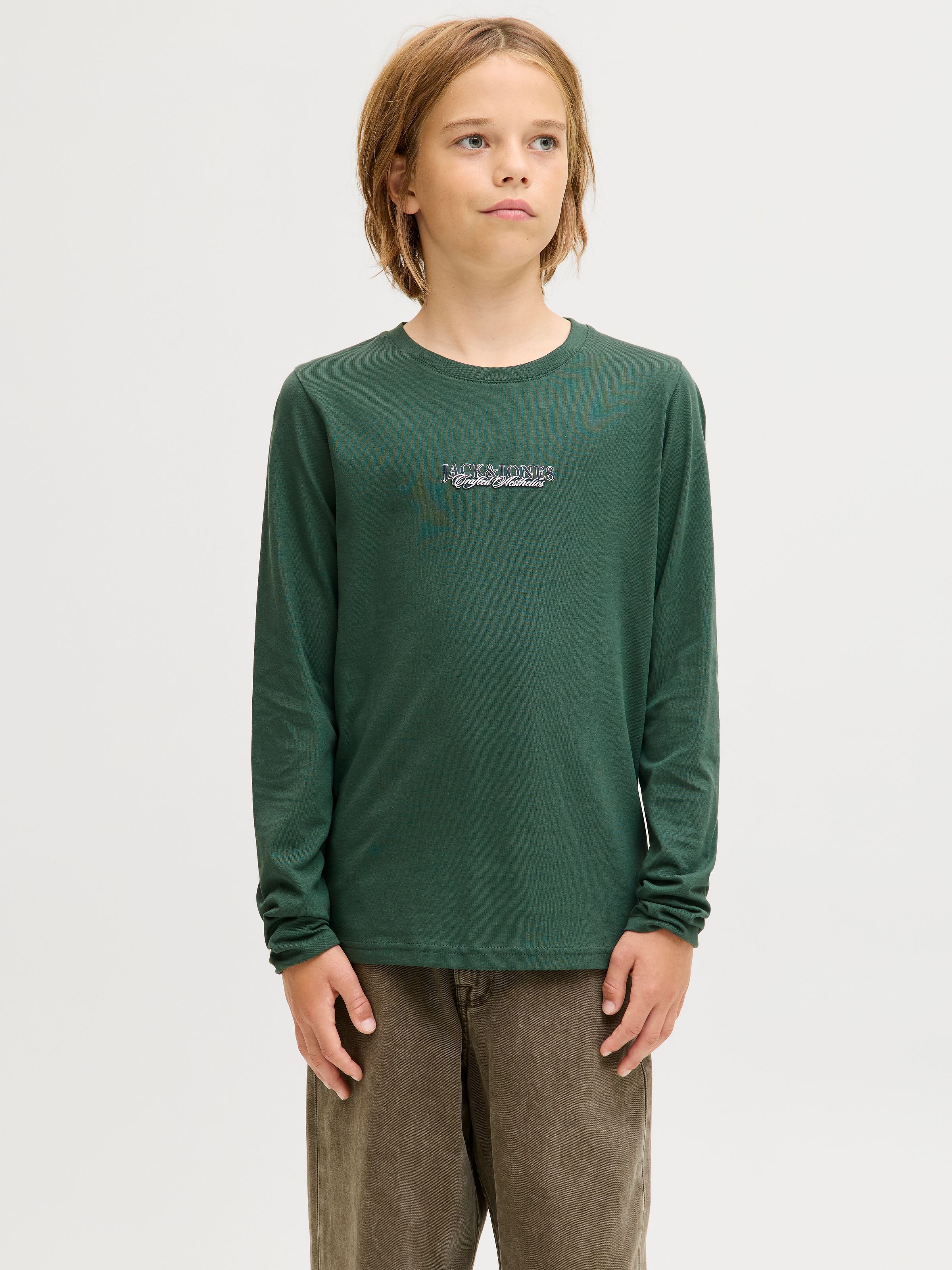 Langarmshirt JACK & JONES JUNIOR "JORBLEECKER MINIMAL TEE LS CREW NE JNR", Jungen, Gr. 164, sycamore, Single Jersey, Obermaterial: 100% Baumwolle, bedruckt, normal, Rundhals, gerader Abschluss, Shirts Langarmshirt