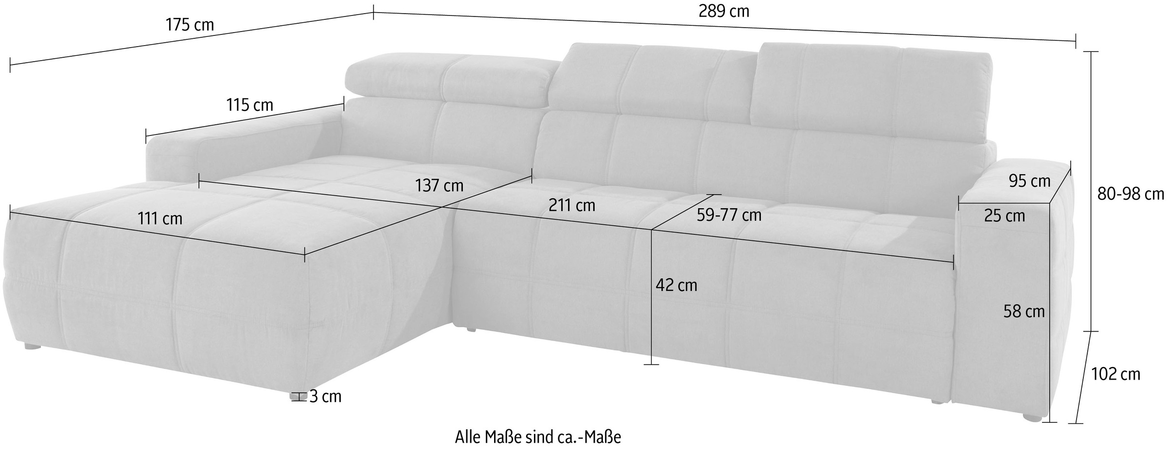DOMO collection Ecksofa »Brandon Sitzbelastung 140 kg, große Ausführung, B/T/H: 289/177/80 cm«, mit Kopfteilverstellung, wahlweise Sitztiefenverstellung, L-Form