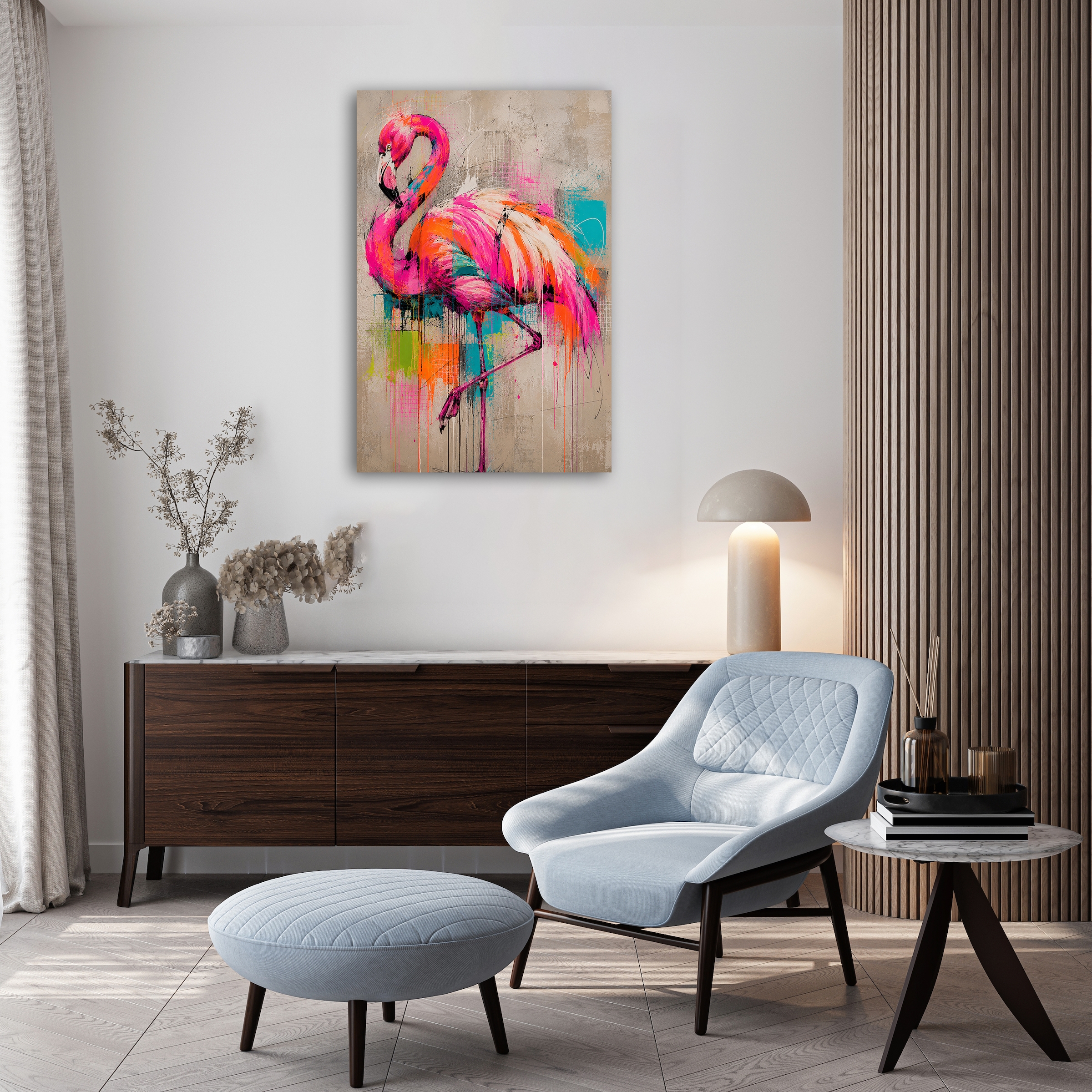queence Acrylglasbild »Urban Art Bunter Flamingo« Abstrakt | Flamingos | Tiere 1 Stk. tlg. Wandbild Wohnzimmerdeko buntes Tiermotiv Abstrakte Kunst