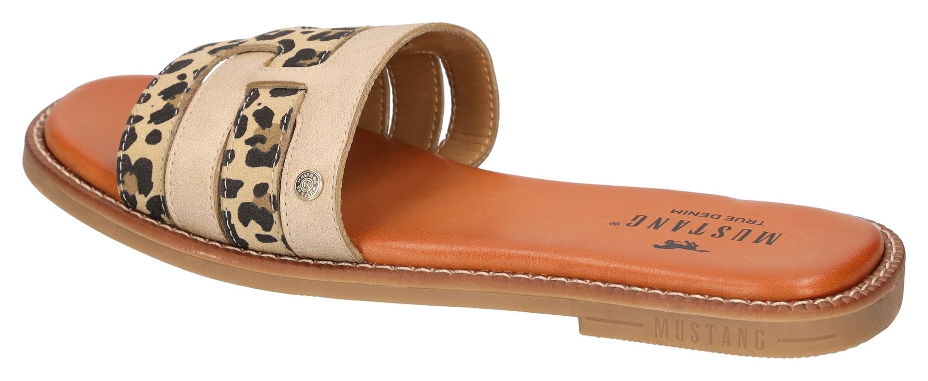 Mustang Shoes Pantolette, Flats, Sommerschuh, Urlaubschuh, Slides mit Leo-Einsätzen