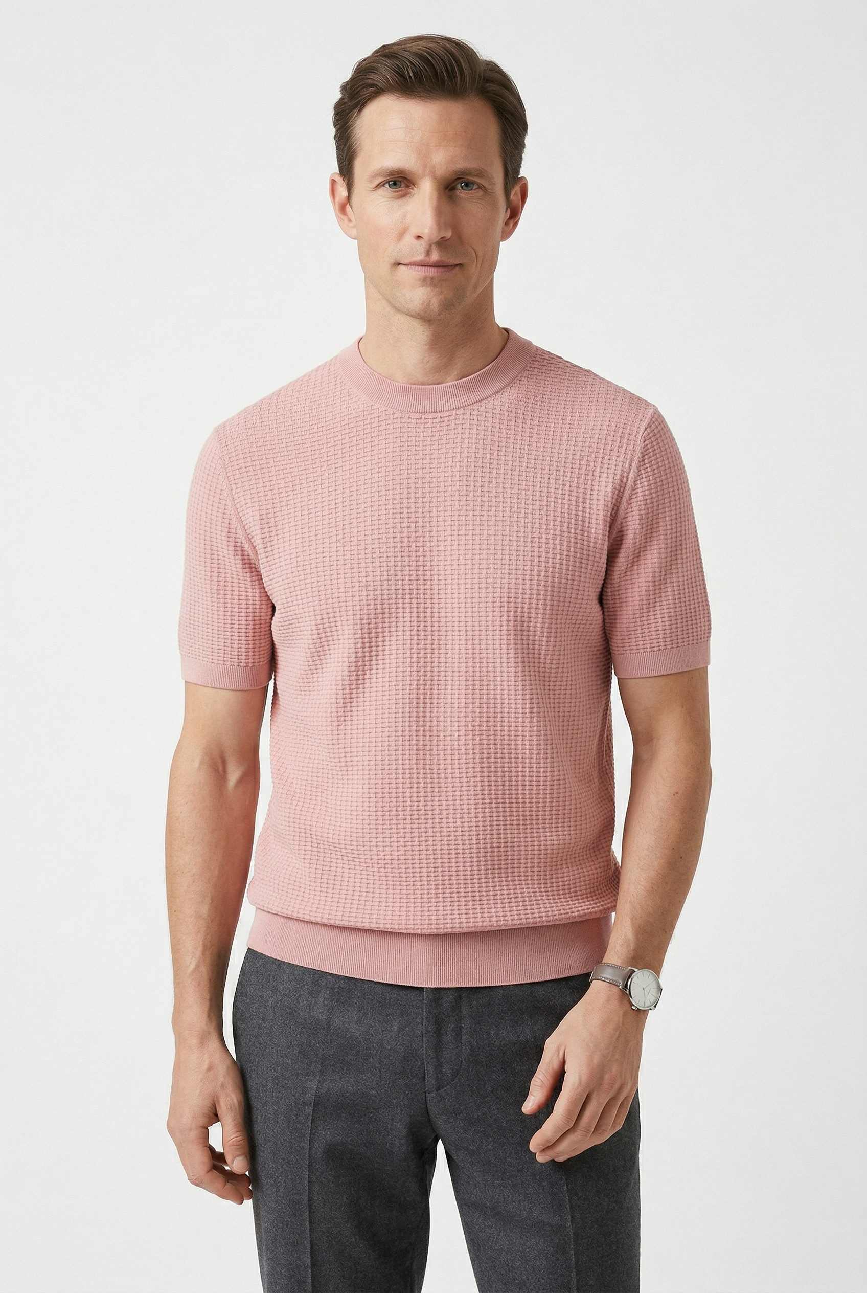 BOSS Kurzarmpullover "Nilton" Premium Menswear Business-Casual-Look, Strukturstrick-Material
