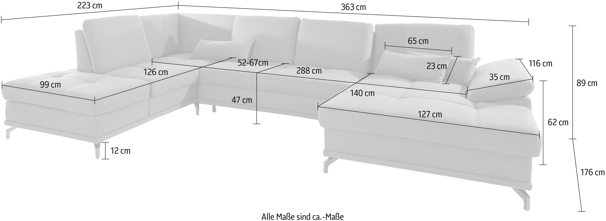 Places of Style Wohnlandschaft »Costello U-Form«, incl. Sitztiefenverstellung und Armlehnfunktion, 3 Nierenkissen