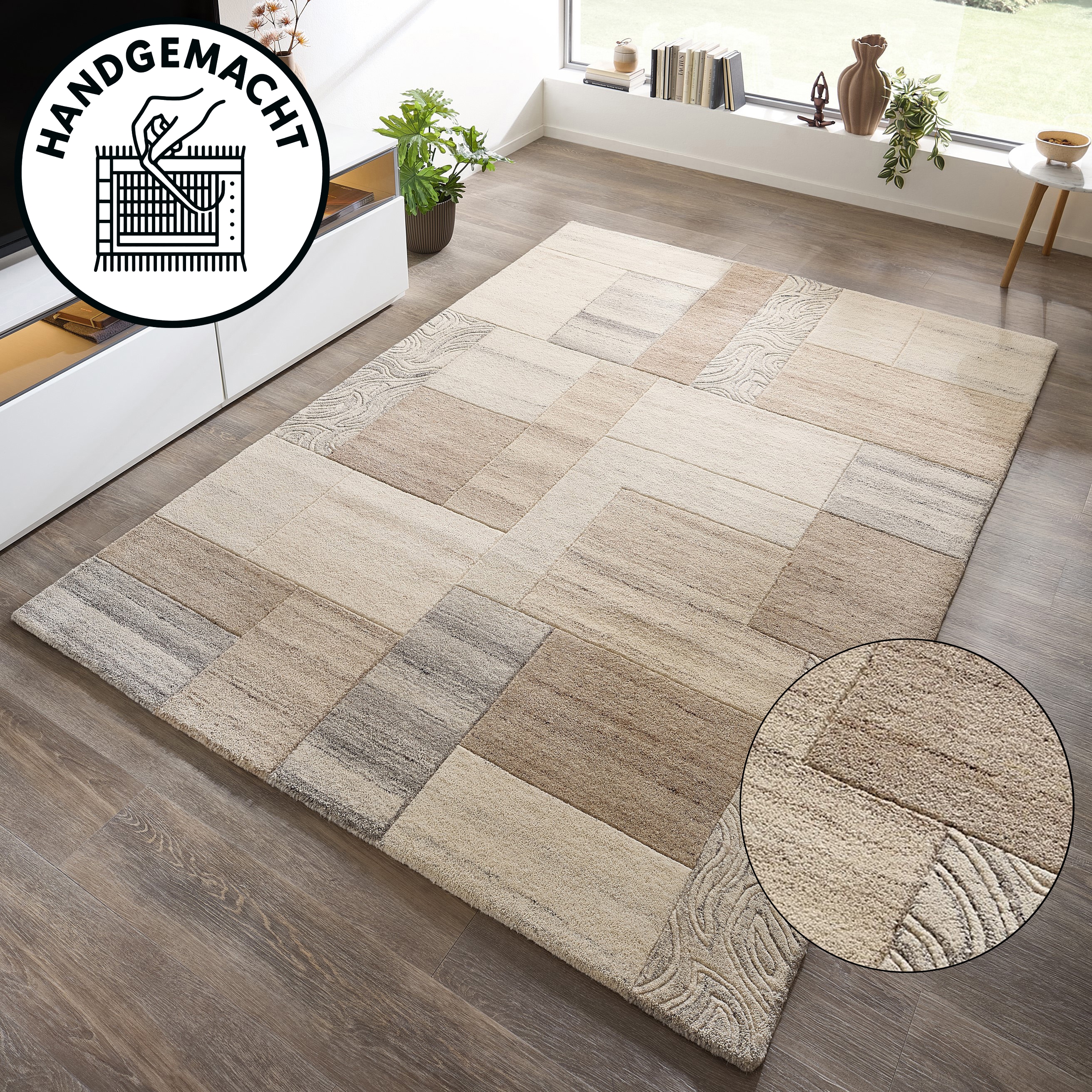 THEKO Wollteppich "Lola, Wolle, handgearbeitet, Patchwork Design, handgetuftet" rechteckig 12 mm Höhe Wohnzimmer, Schlafzimmer, Esszimmer, auch als Läufer und rund