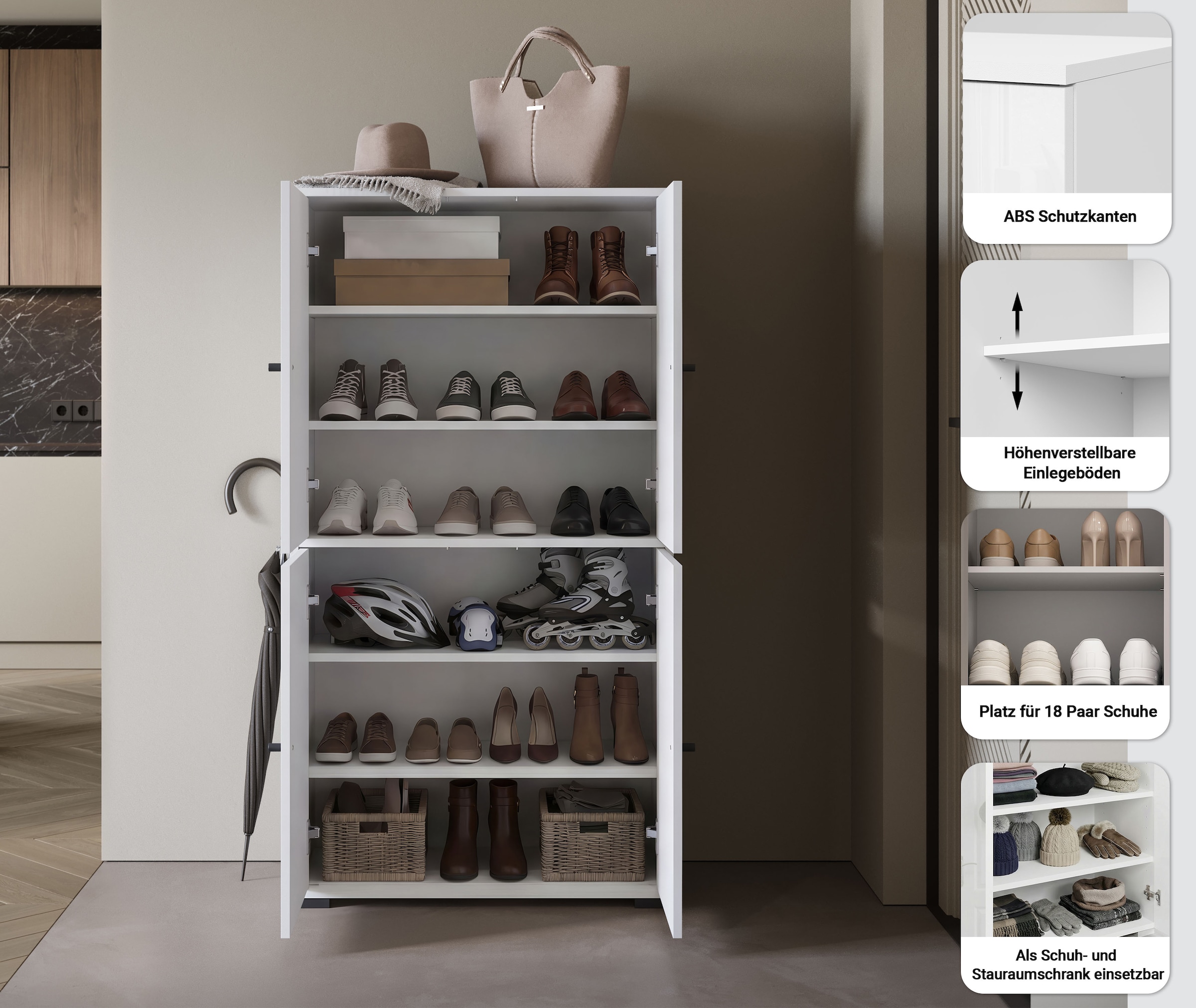 Home affaire Schuhschrank »Schuhkommode Dino« Stauraum mit 4 Türen und verstellbaren Einlegeböden, Breite 70 cm