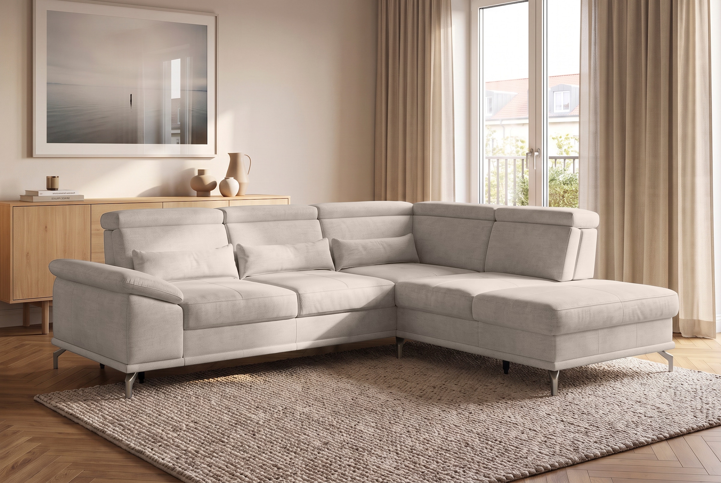 sit&more Ecksofa »Cabrio L-Form, B: 274 cm, mit Sitztiefen-, Arm- & Kopfteilverstellung« 3 Nierenkissen, Federkern, optional Schlaffunktion und Stauraum