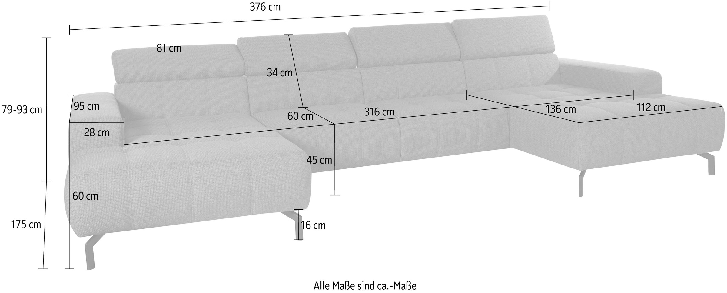 DOMO collection Wohnlandschaft »Cunelli tolle Sitznähte als Designelement, fester Sitzkomfort, U-Form«, wahlweise mit Kopfteilverstellung, bodenfrei