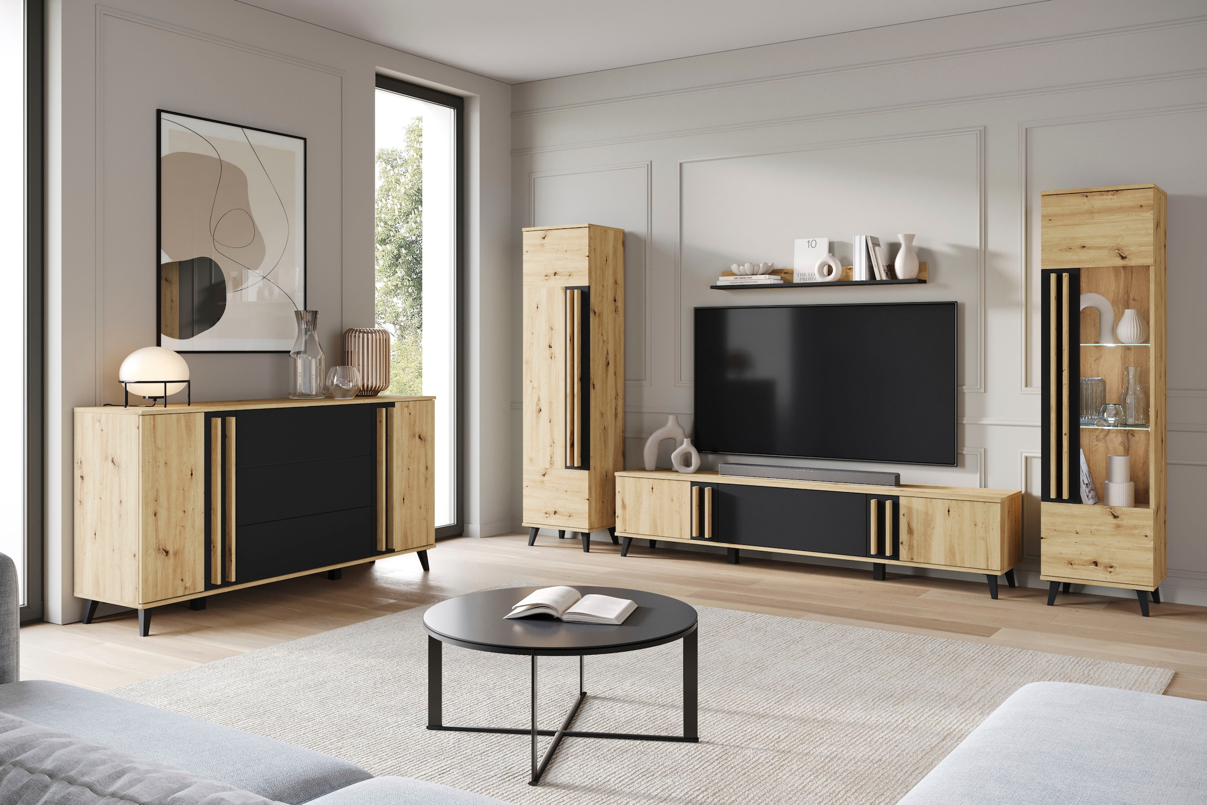 INOSIGN Sideboard »Helsinki, Kommode mit 2 Türen und 3 Schubladen, Breite 150 cm«, (1 St.), Push-to-Open-Schubladen, höhenverstellbare Einlegeböden